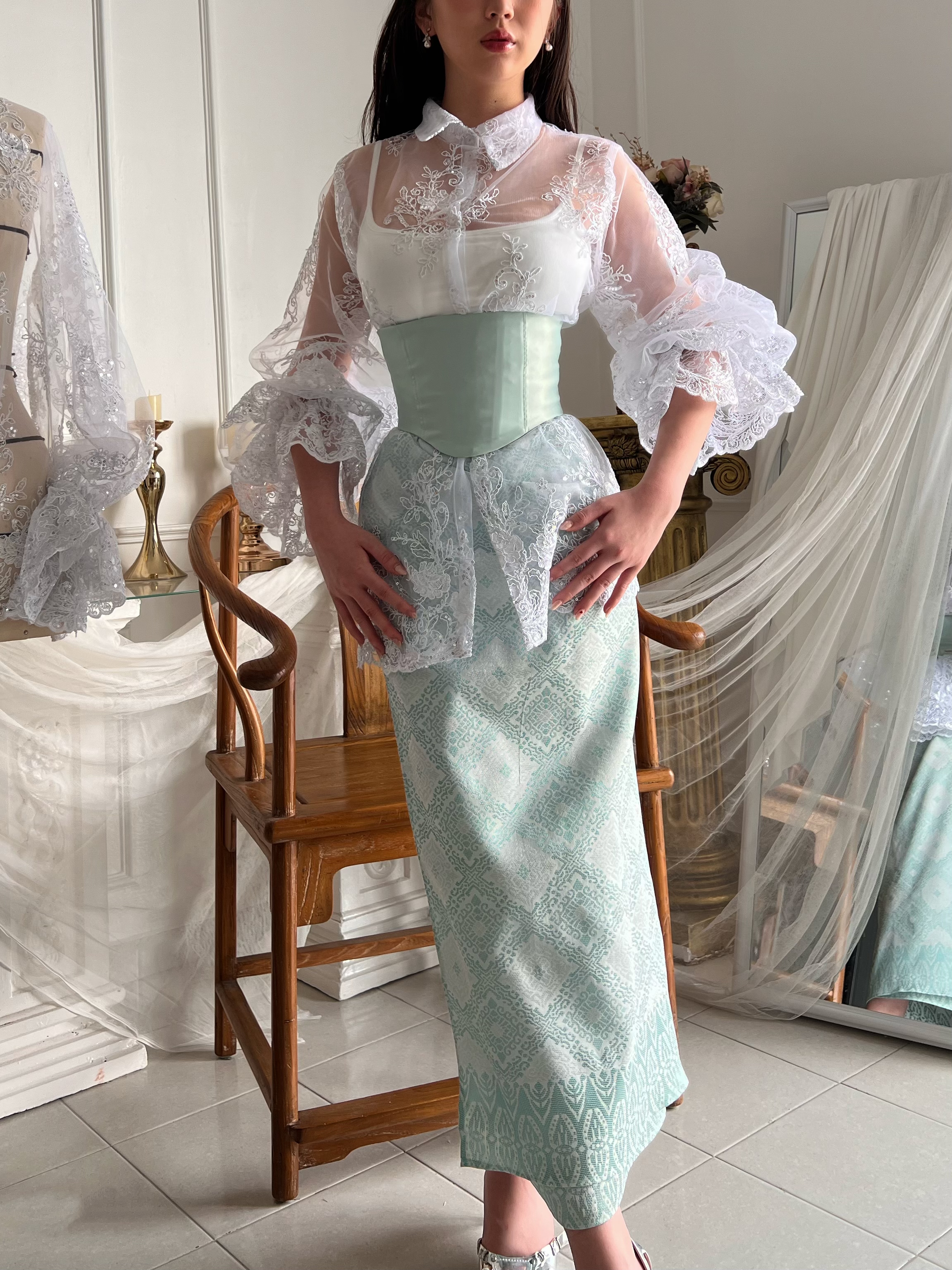 Songket Underbust Corset and Pareo Skirt in Mint Green with Angel Blouse in True White