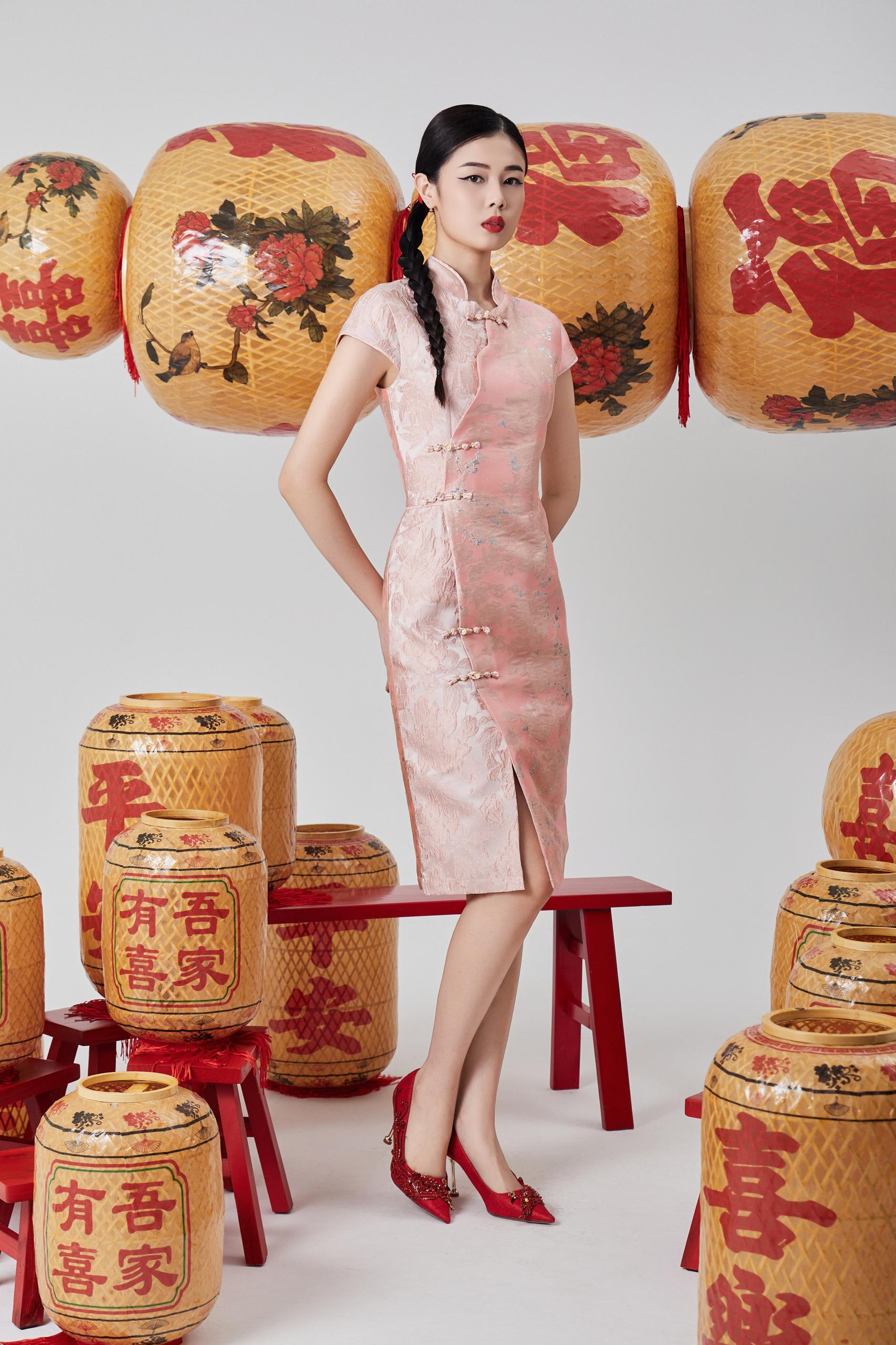 双色旗袍连身裙 粉色/蓝色2126