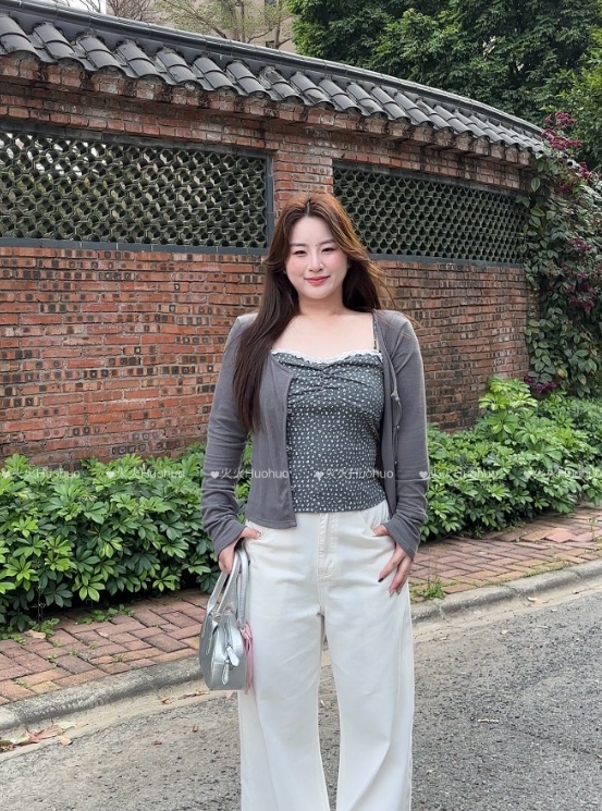 B25(5222) 韩系纯欲风蕾丝边碎花吊带与开衫灰两件套上衣