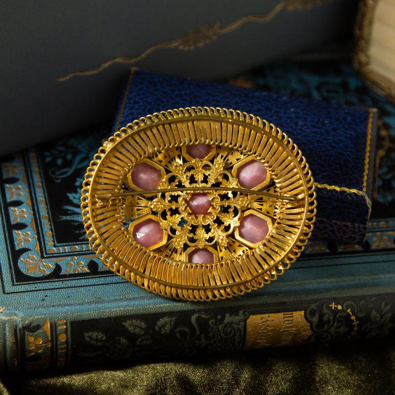 Antique Early 20th Century Czechoslovakia Moonglow Pink Glass Statement Brooch (AI075)