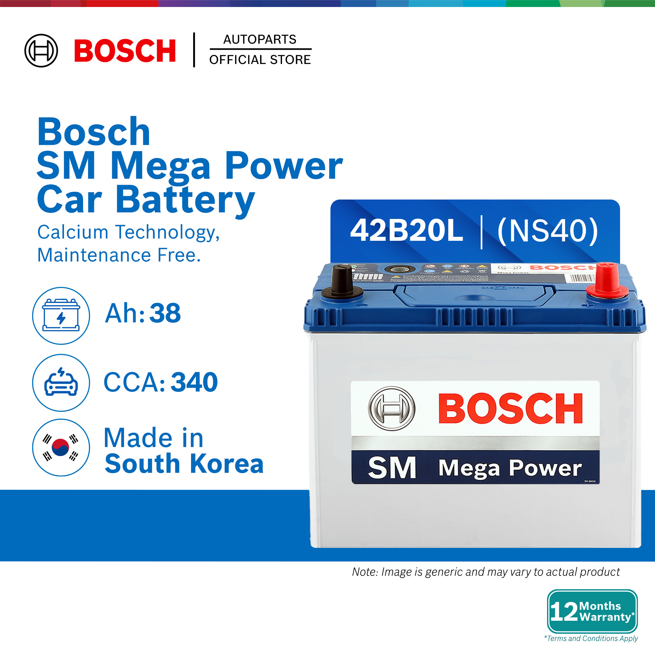 [DELIVERY ONLY] Bosch SM Mega Power Car Battery NS40 NS40ZL 42B20L | Perodua Honda Toyota Proton