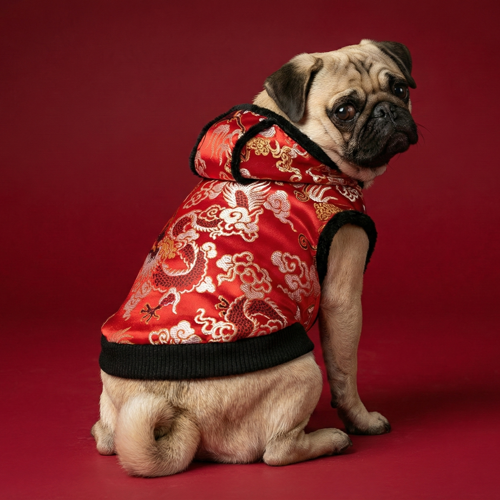 S483R 黑絨邊賀年衫-紅色 Black velvet edge New Year's shirt-red