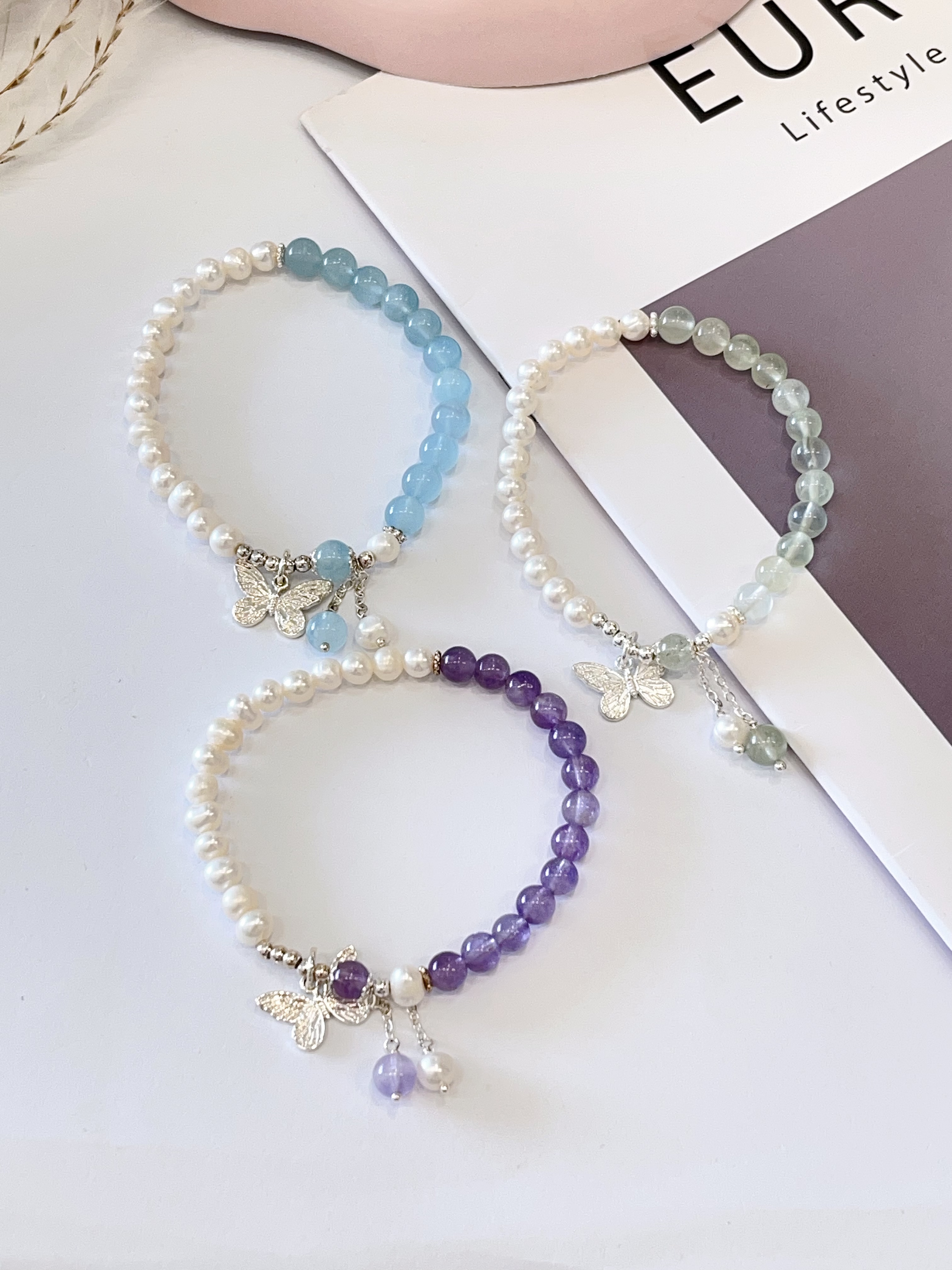 💜 紫水晶 × 葡萄石 × 海蓝宝 × 淡水珍珠手串 Amethyst, Prehnite, Aquamarine & Freshwater Pearl  |  6mm