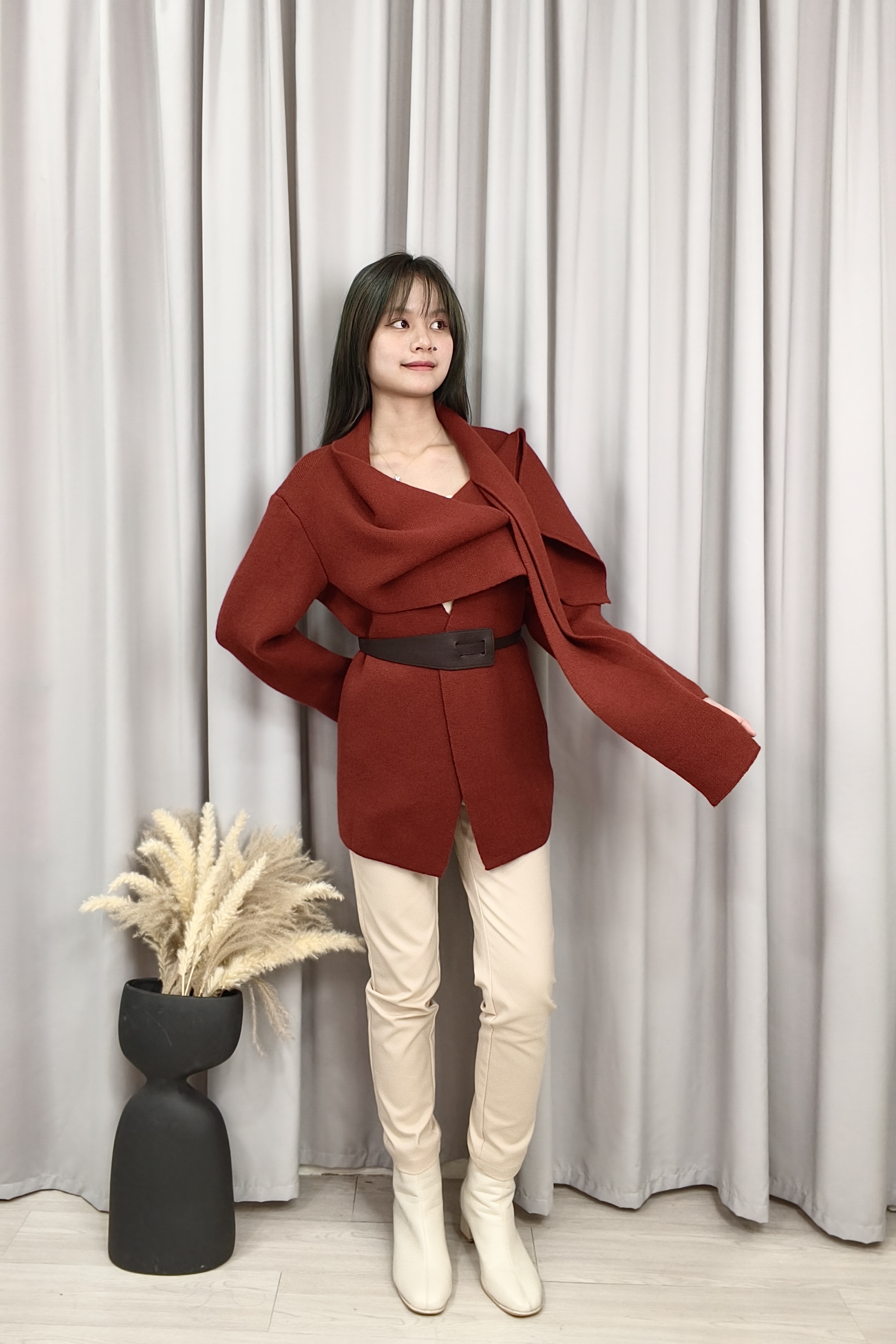 932 Draped Collar Belted Statement Jacket
