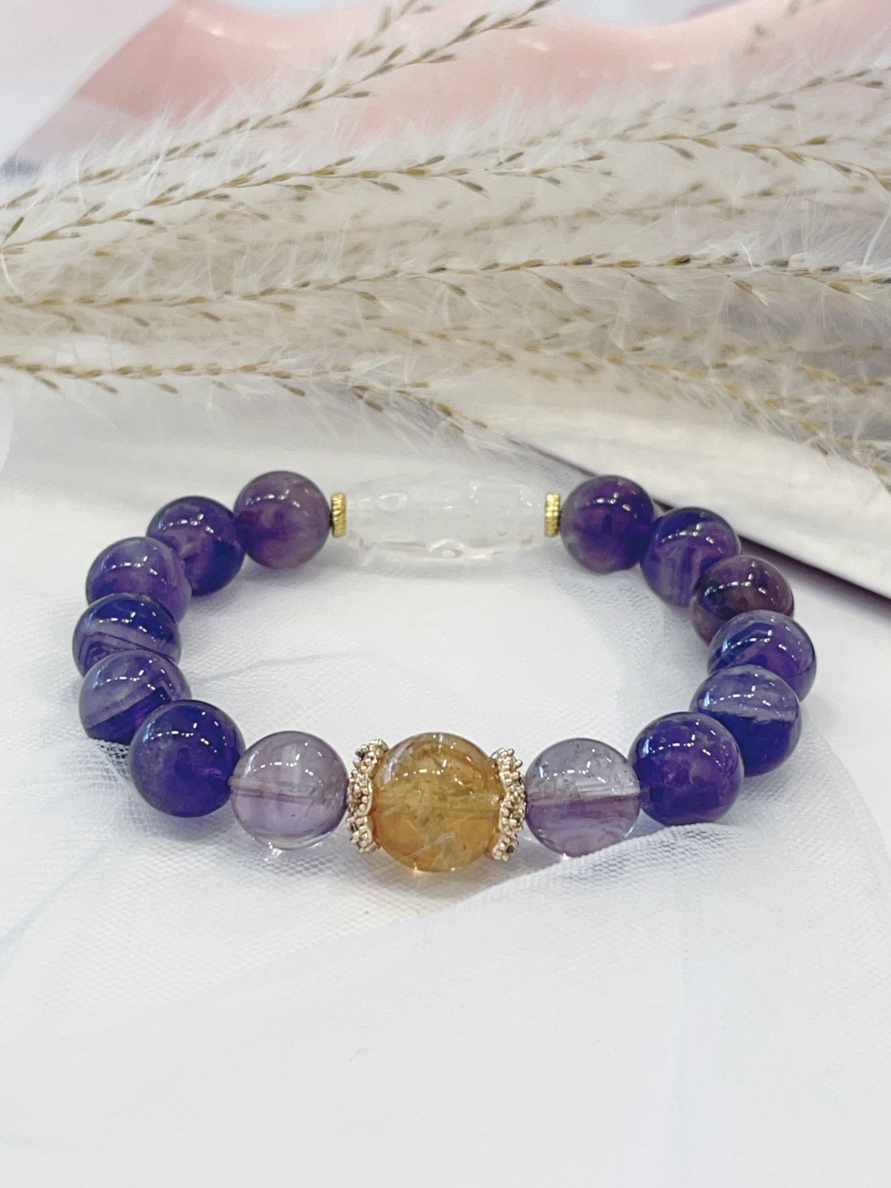 ✨ 黄塔晶 × 白水晶天竺 × 梦幻紫水晶 × 紫阿赛手串 Yellow Phantom Quartz & Clear Quartz Dzi & Dream Amethyst & Purple Azeztulite