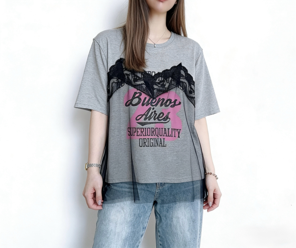 🌼初春優惠🍀 英文字拼LACE網紗Tee