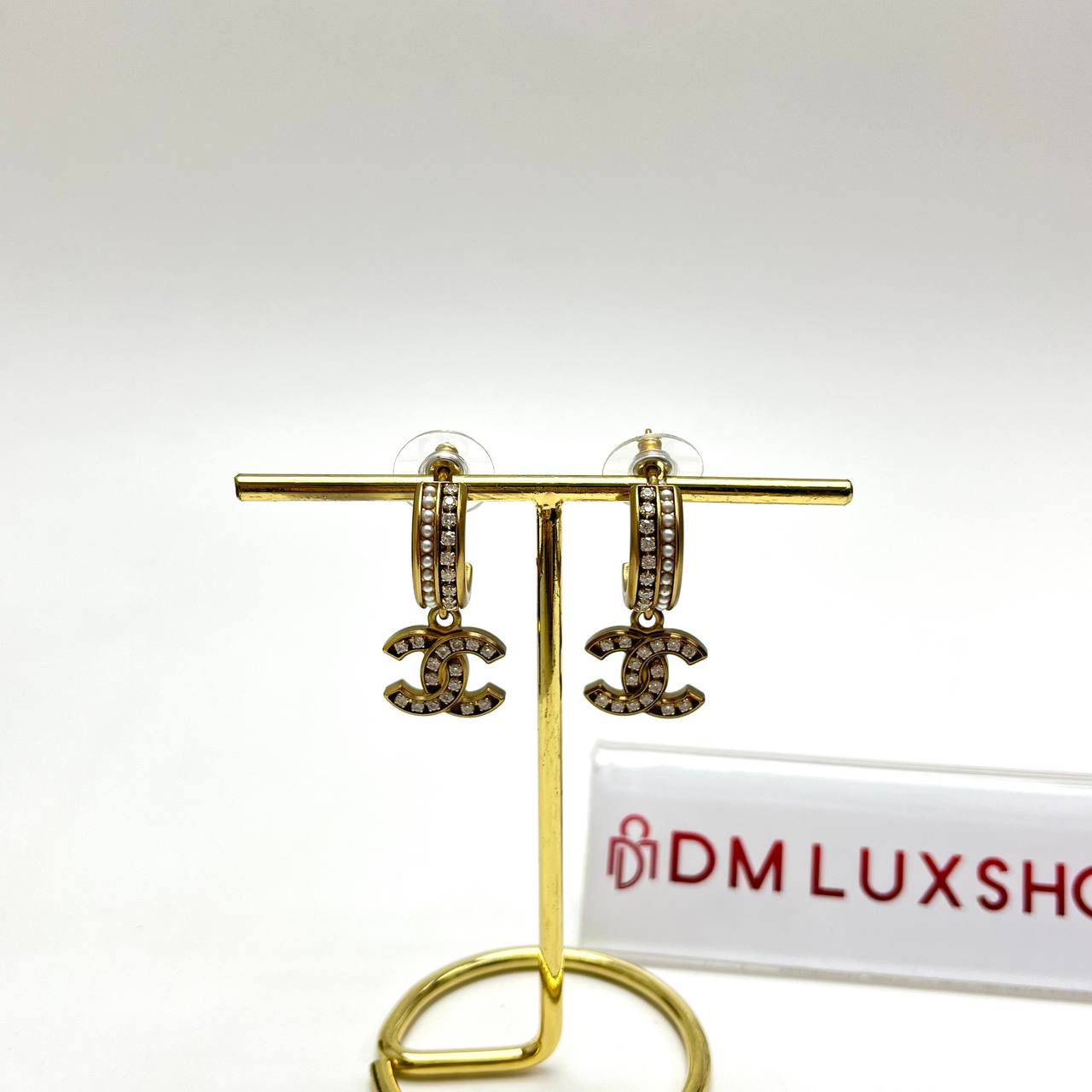 Chanel CC Crystal Pearl Hoop Earrings GHW