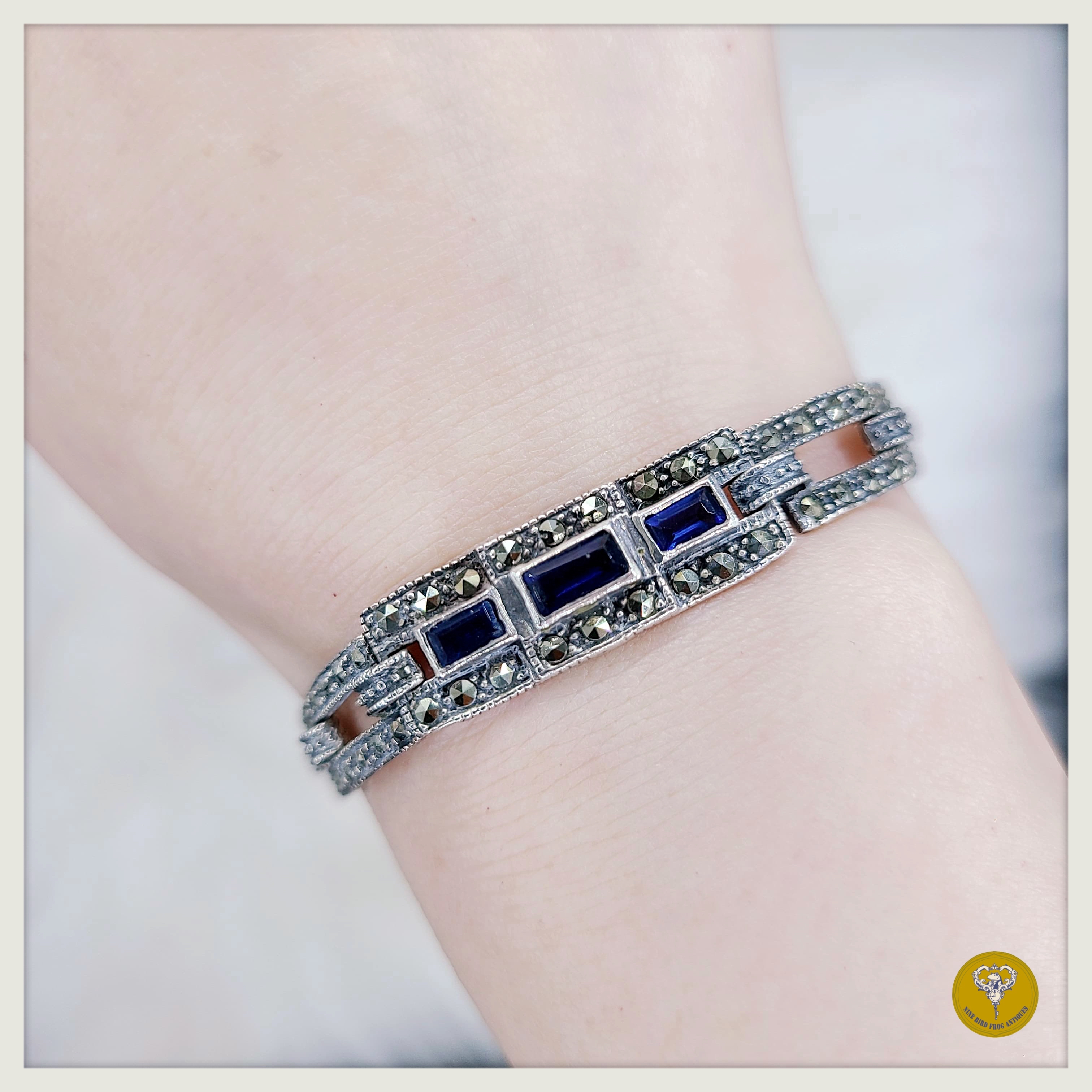 Art Deco時期黃鐵礦石人造藍寶石純銀手鍊