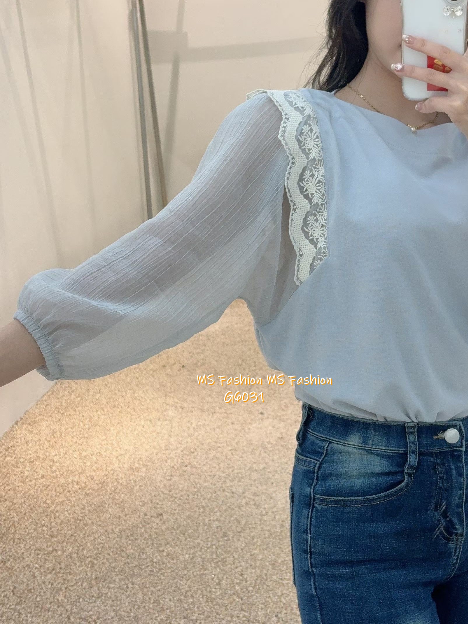 G6031 韓國🇰🇷肩lace拼布top