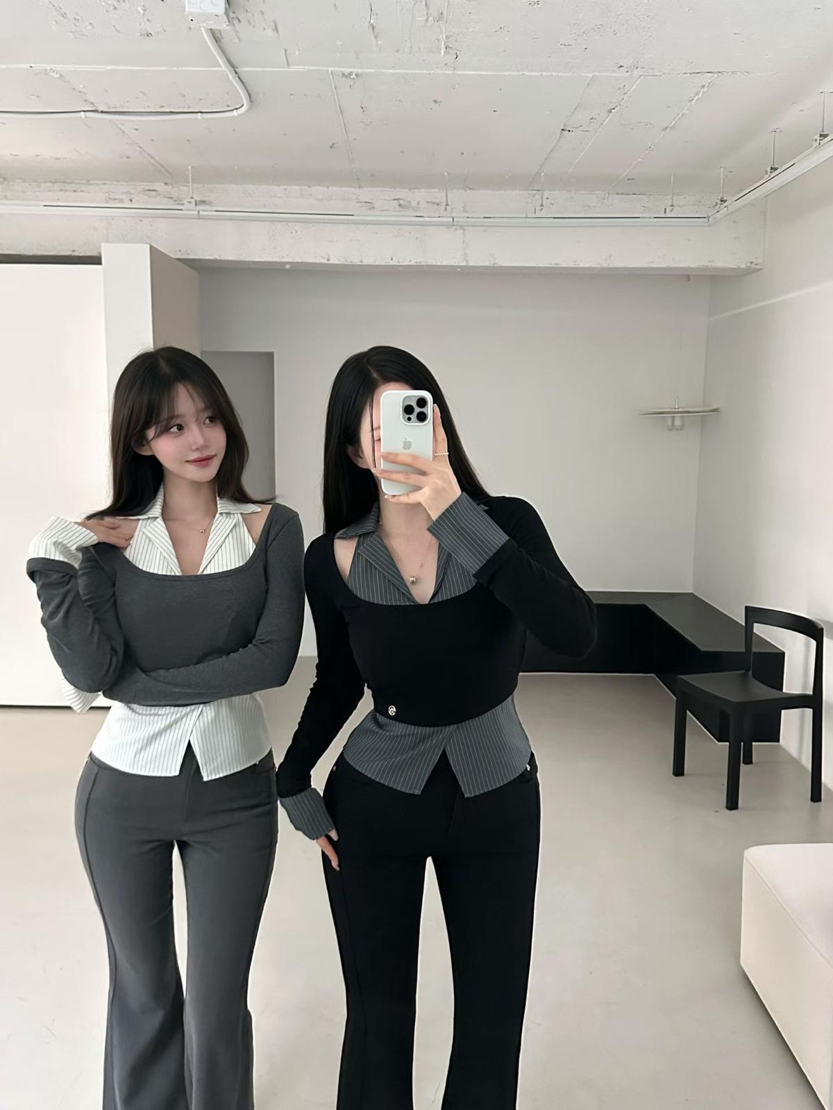 H18 假兩件條子恤衫top