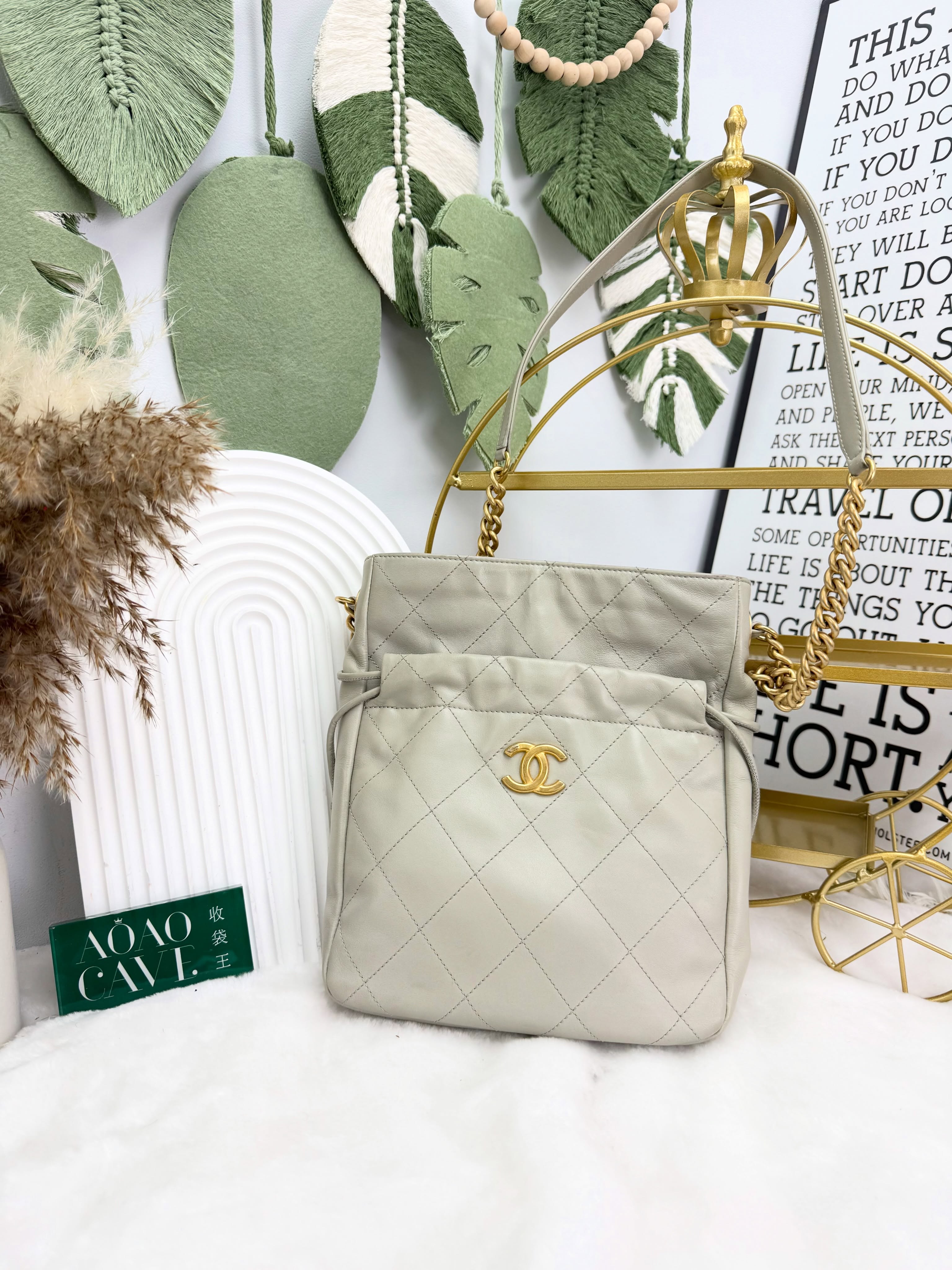 Chanel👜 PRE OWNED 🛍️灰色 金扣菱格鏈條單肩包 🩶