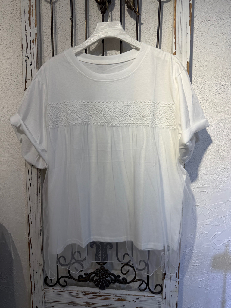 優雅刺繡網紗拼接白色短袖上衣
