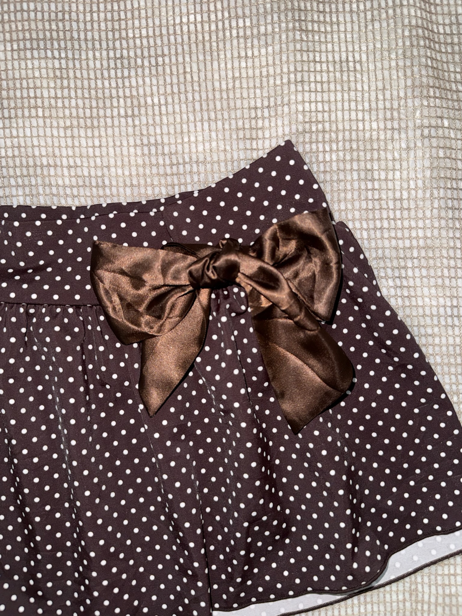 Brown Polka Dot Pleated Skirt with Bow Detail