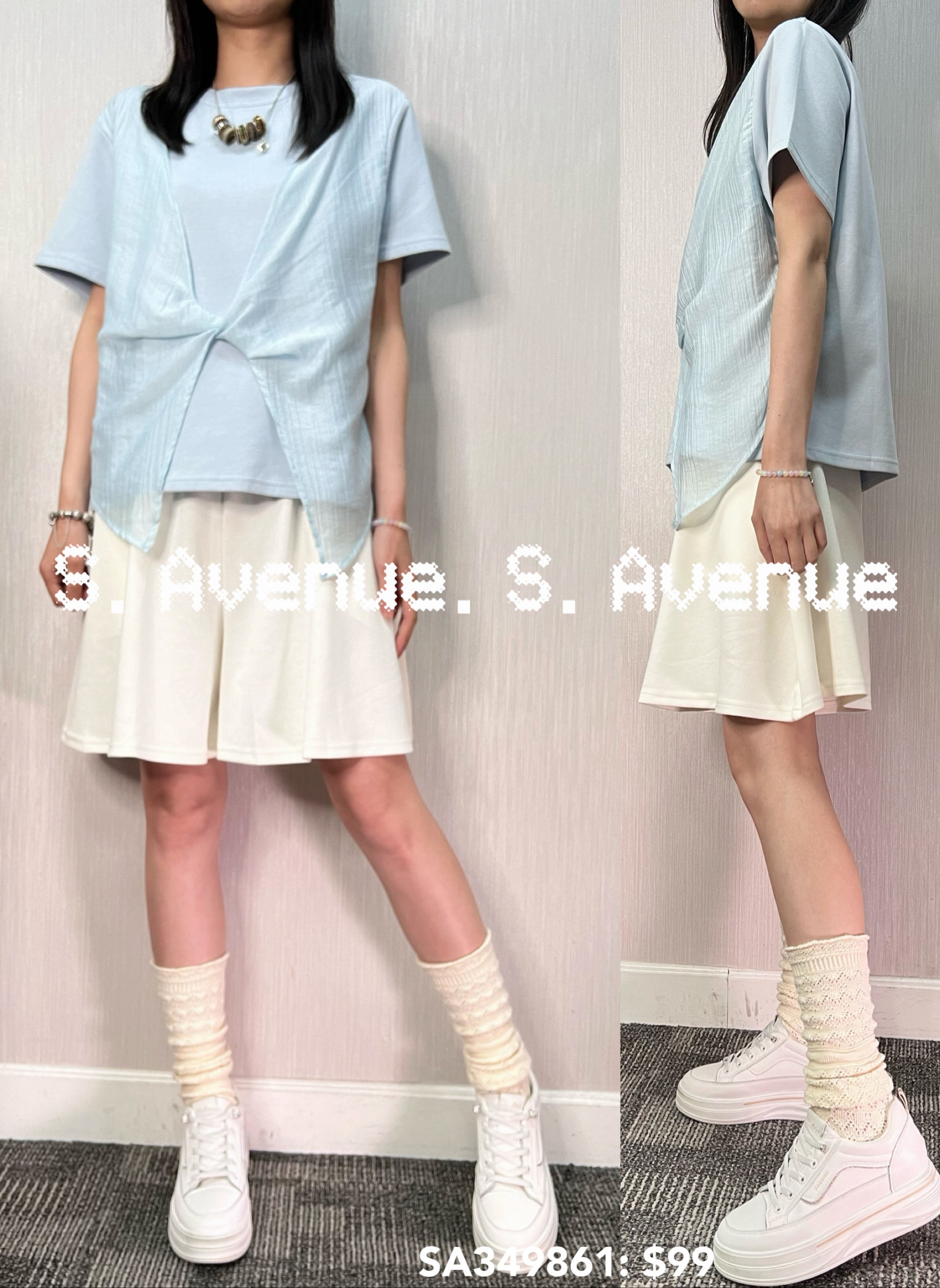 SA349861: 短袖中間打結雪紡假兩件