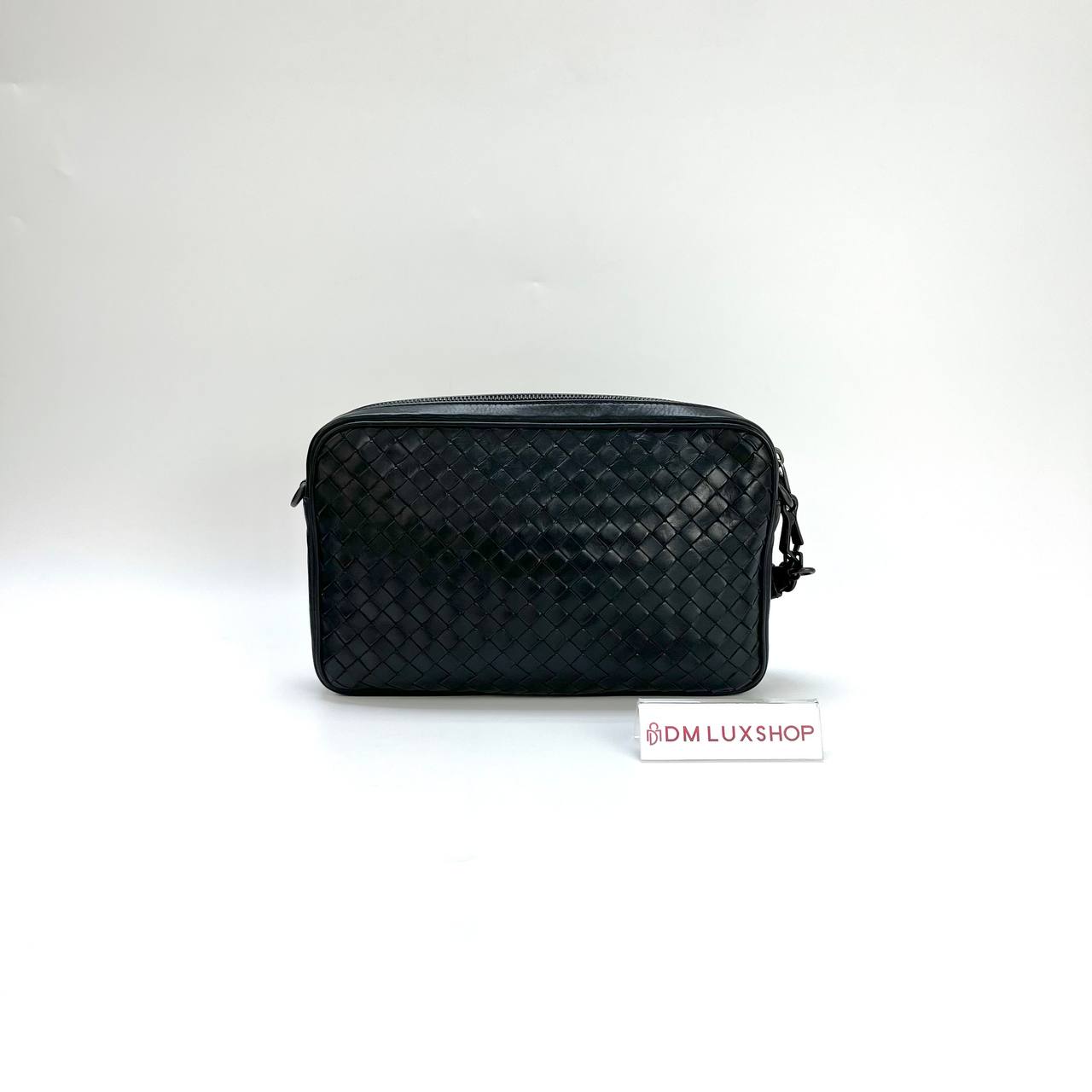 BV Black Intrecciato Woven Clutch w/ Strap