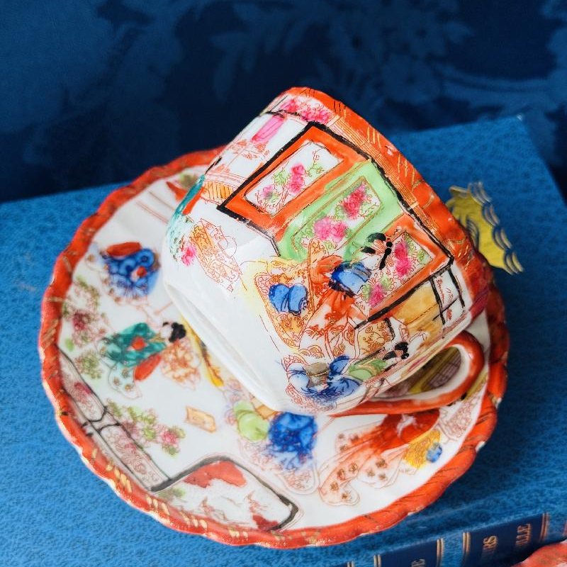 Vintage Pre-1950s Egg-Shell Quality Hand-Painted Japanese Tea Set Pair – Elegant Kimono-Clad Ladies in Traditional Home Scenes(MT2033)