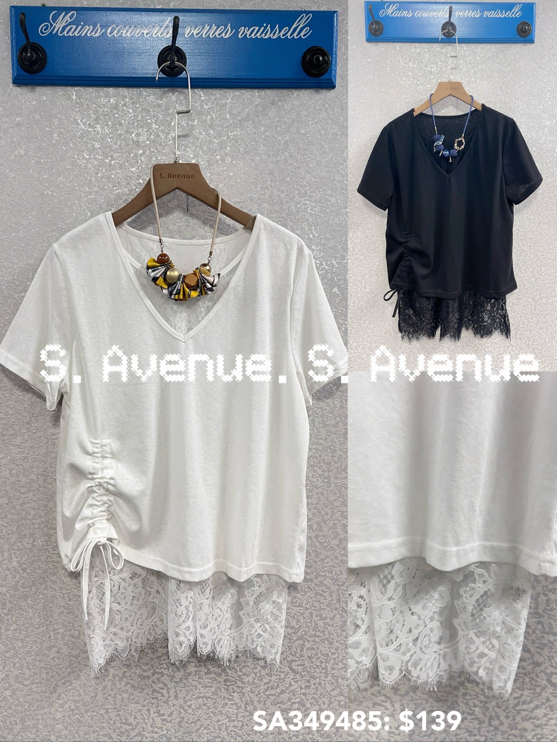 SA349485: 短袖V領拼lace束腳top