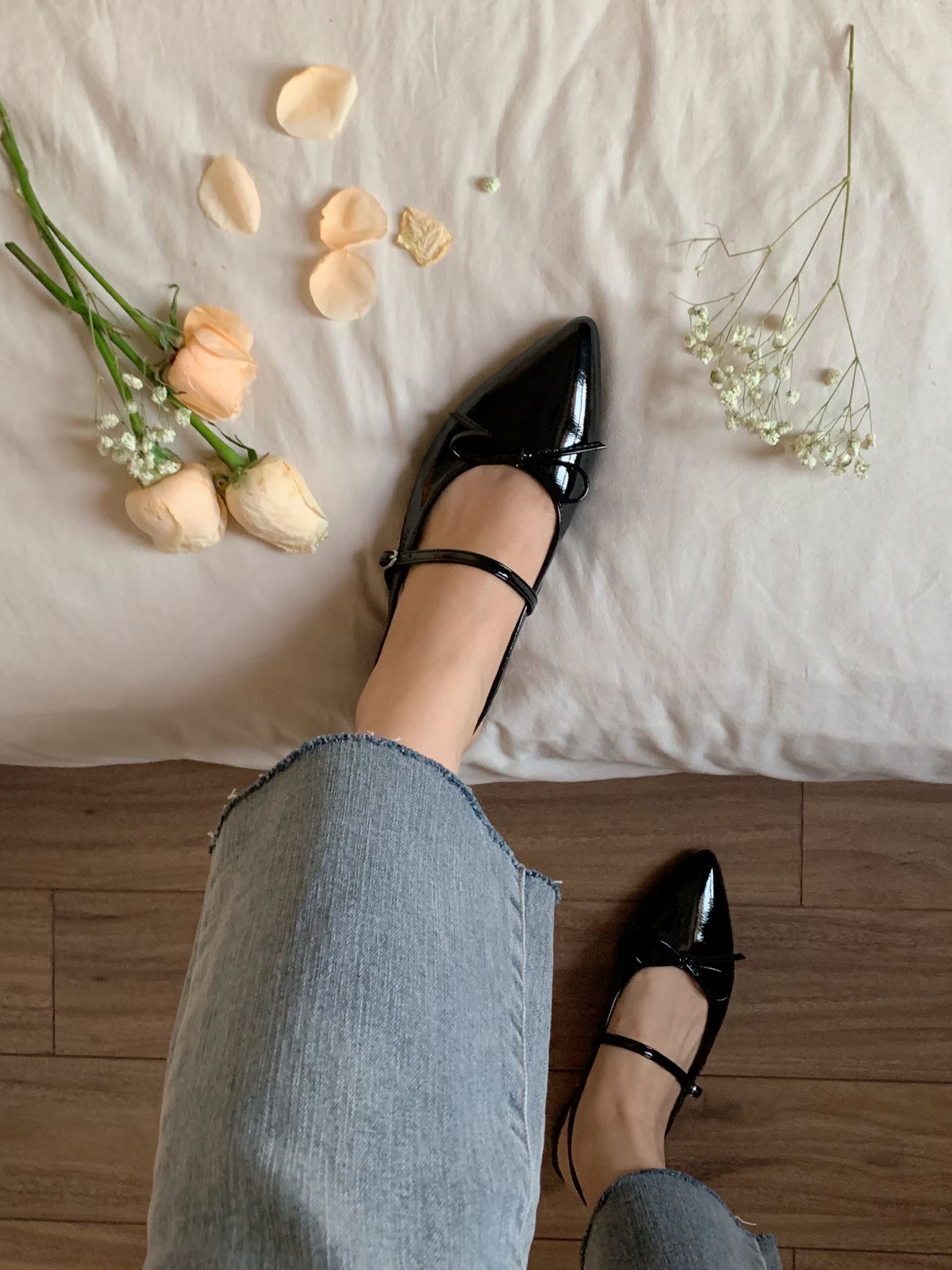 AS2902 蝴蝶結幼帶尖頭平底鞋