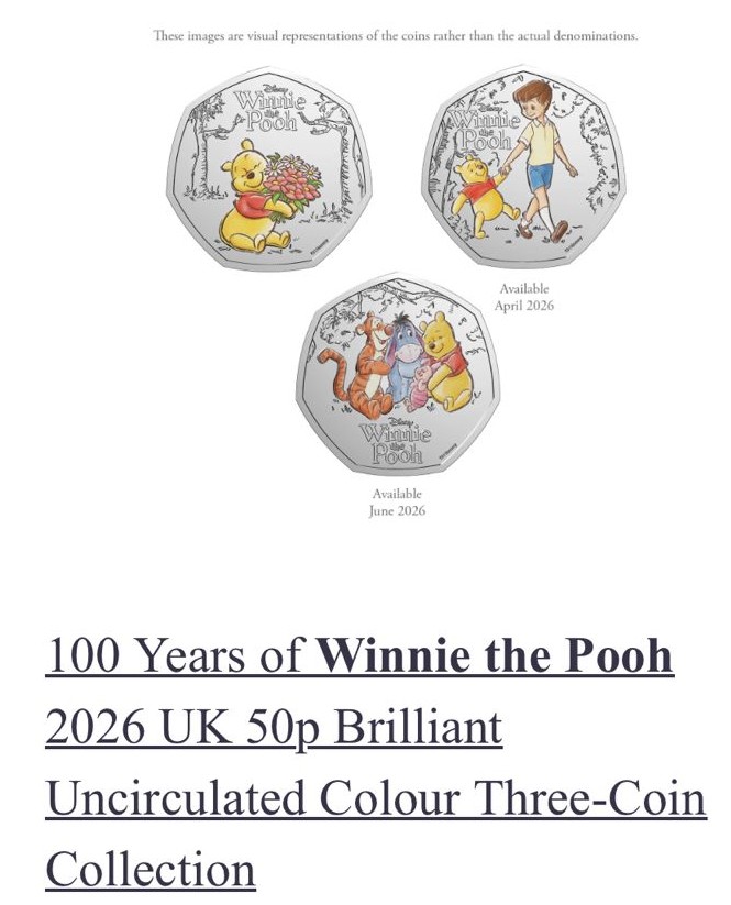 100 Years of Winnie the Pooh 2026 UK 50p Brilliant Uncirculated Colour Three-Coin Collection (GC4626)