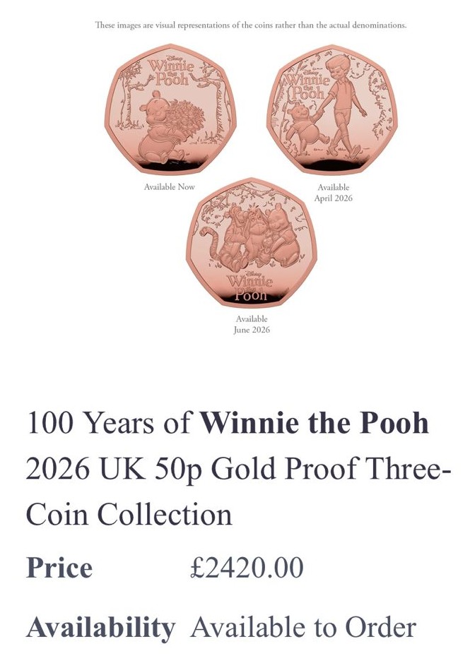 100 Years of Winnie the Pooh 2026 UK 50p Gold Proof Three-Coin Collection (GC4226)