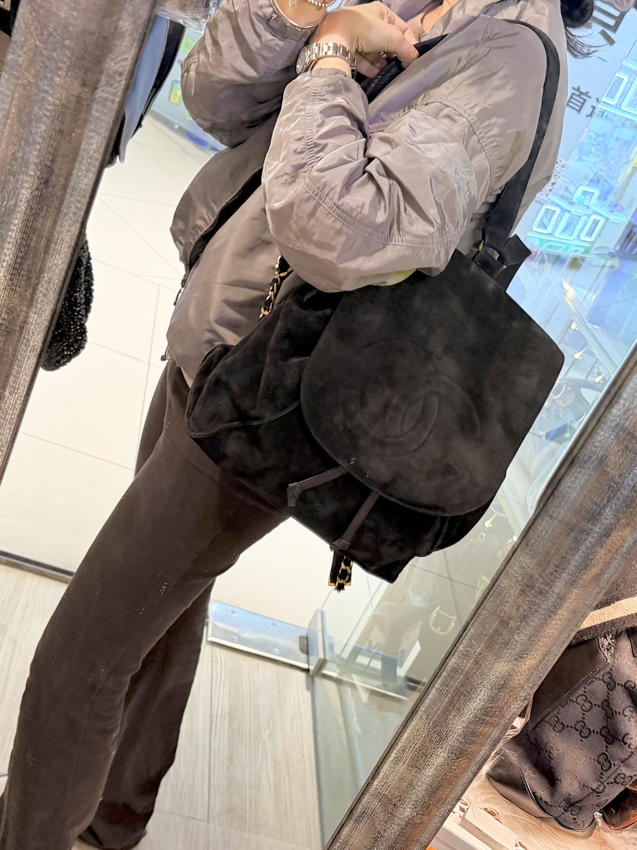 96 美品 vintage chanel cc black suede leather gold chain 