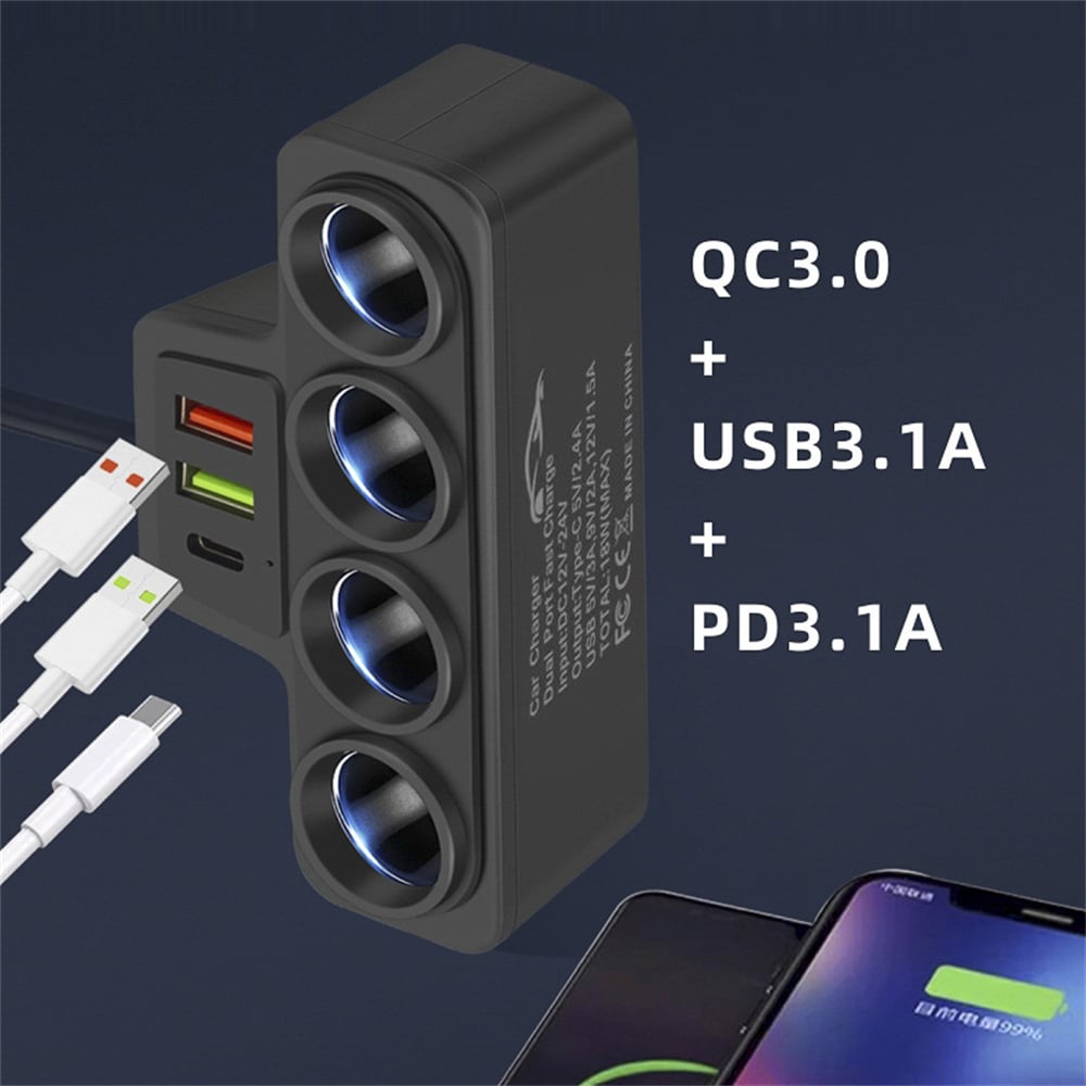 車載點煙器一拖四帶QC3.0+USB+PD快充接口 12V 24V UB0245