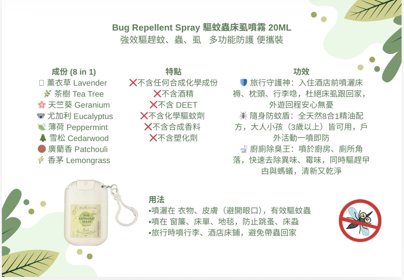 [訂購］Bug Repellent Spray 驅蚊蟲床虱噴霧20ml 便攜裝