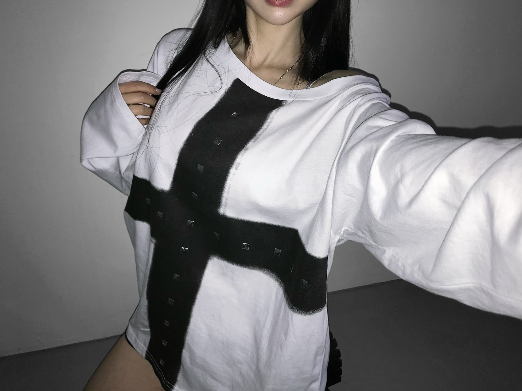 Off-Shoulder Cross Print Studded Long Sleeve