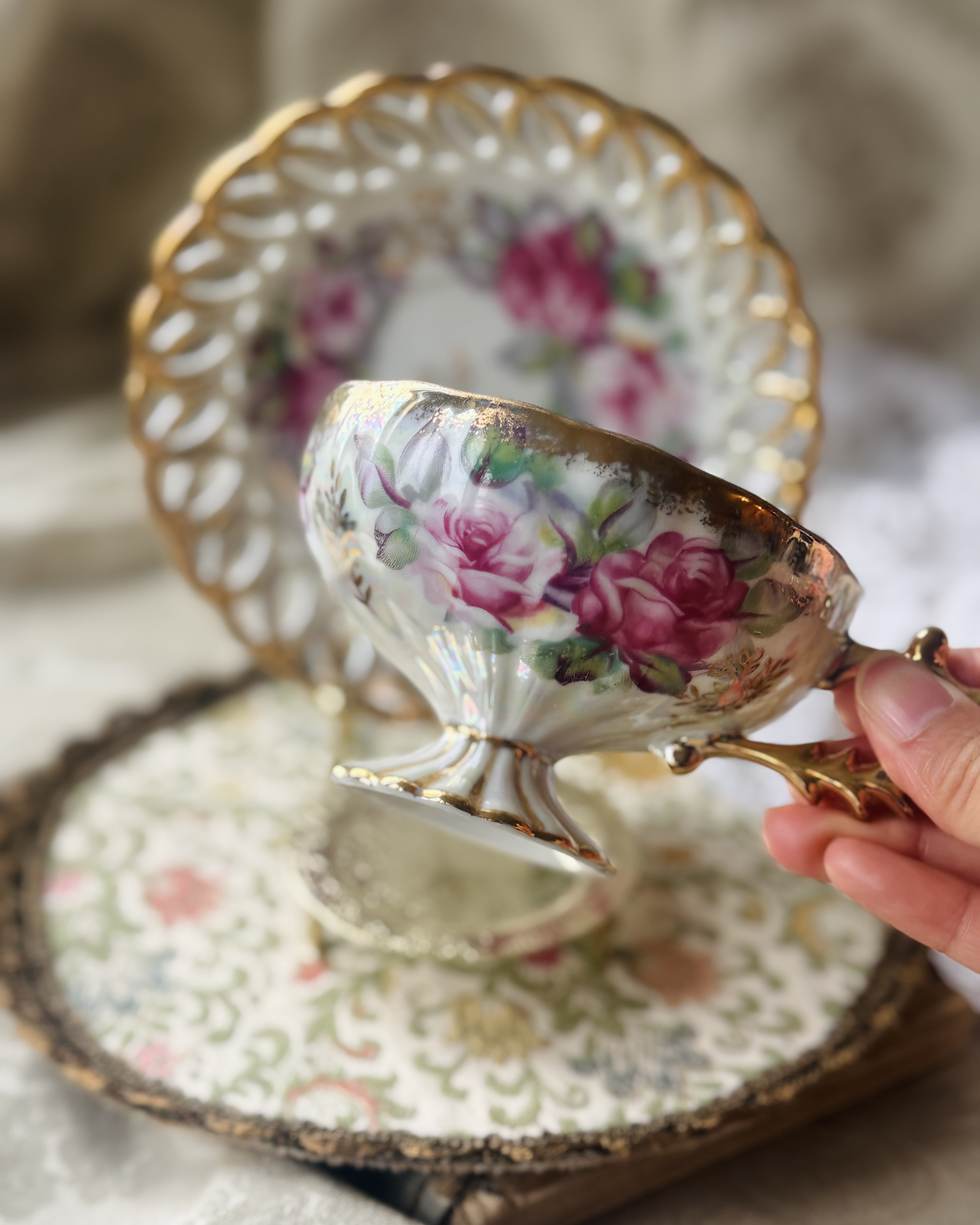 Vintage Mid-Century Castle Japan Floral Iridescent Tea Set Duo (MT2398)