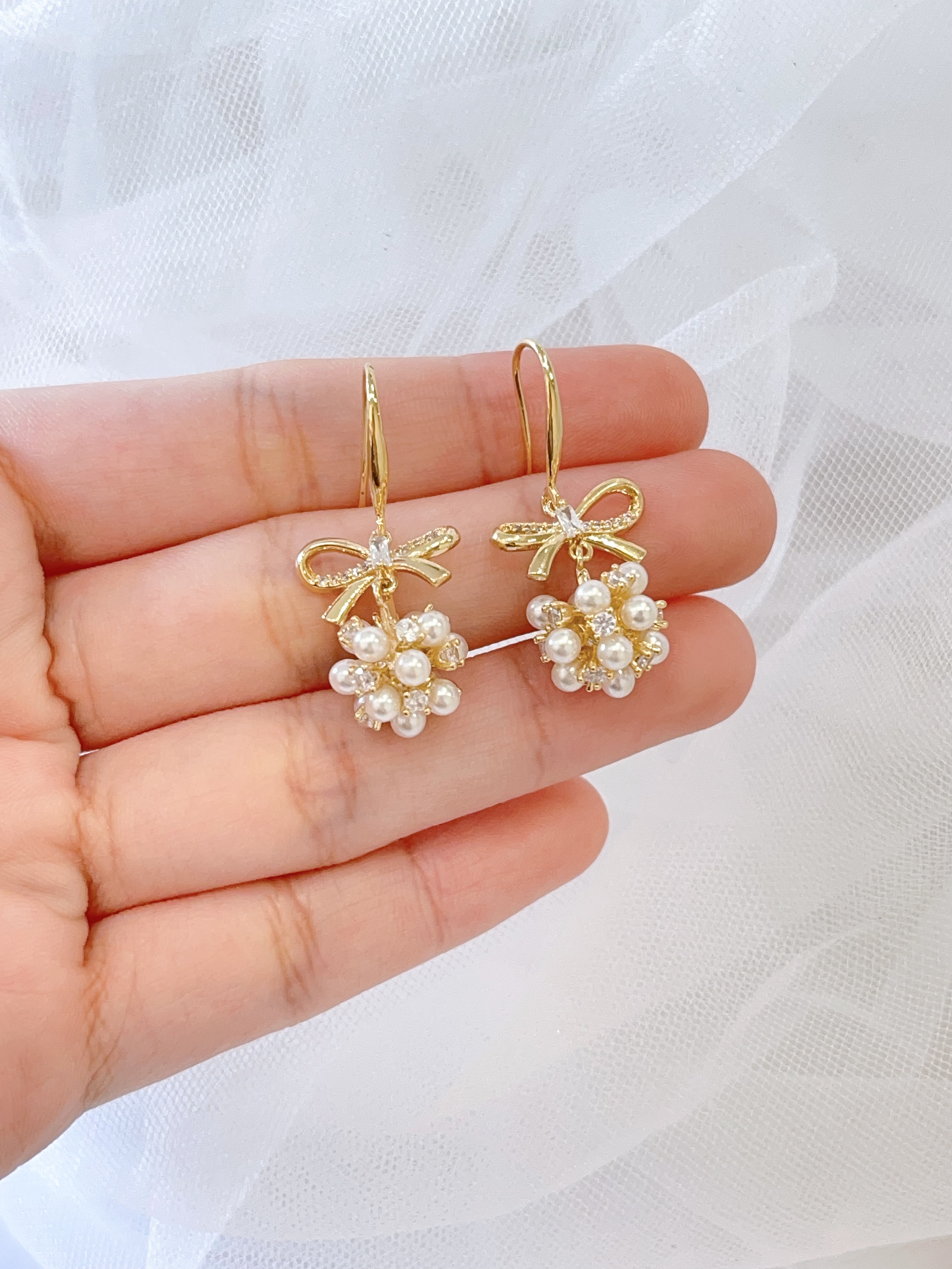 优雅风蝴蝶结珍珠球球耳坠耳环