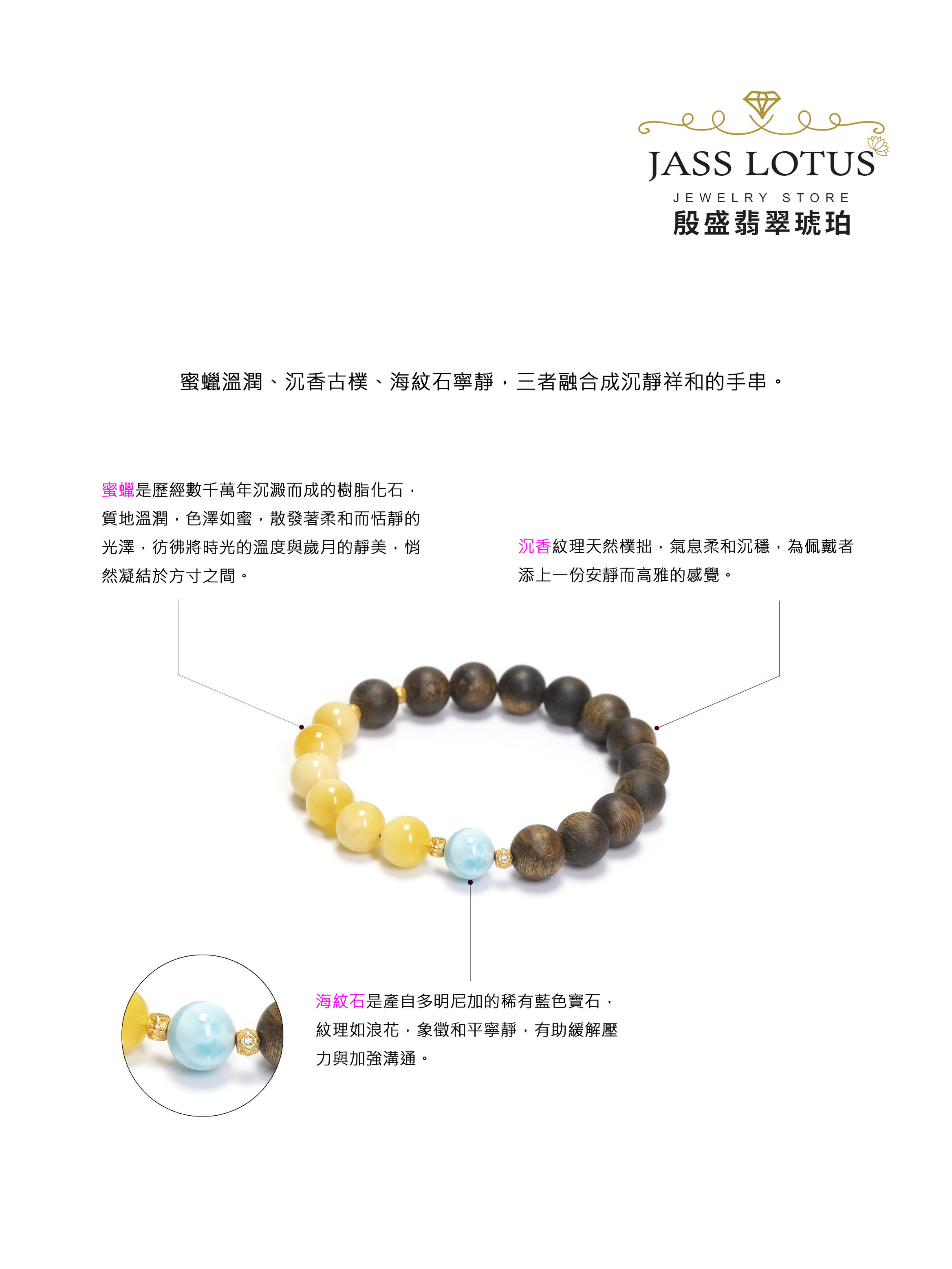 紫棋楠沉香配蜜蠟+海紋石DIY手串