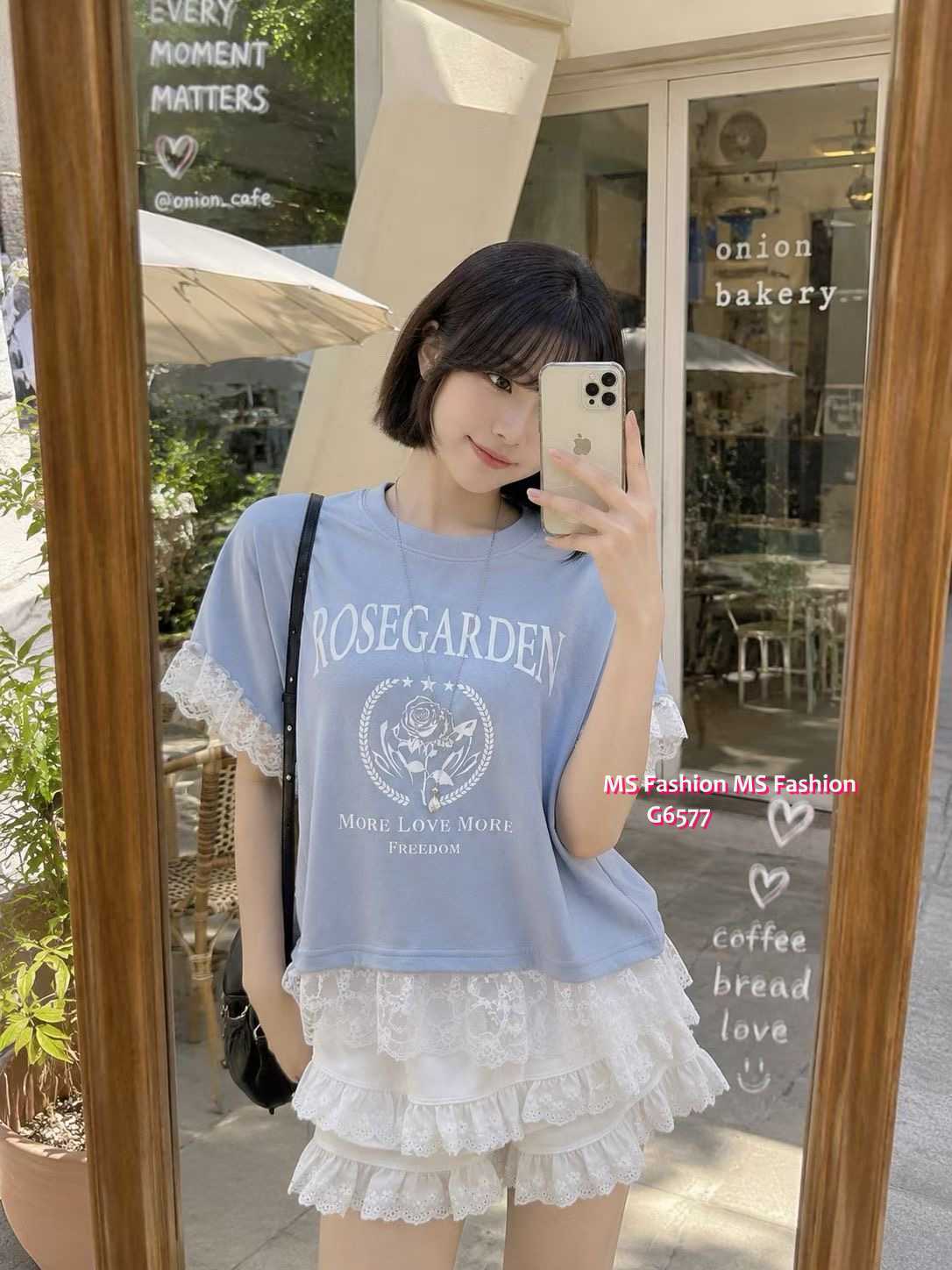 G6577 型格露肩拼lace top