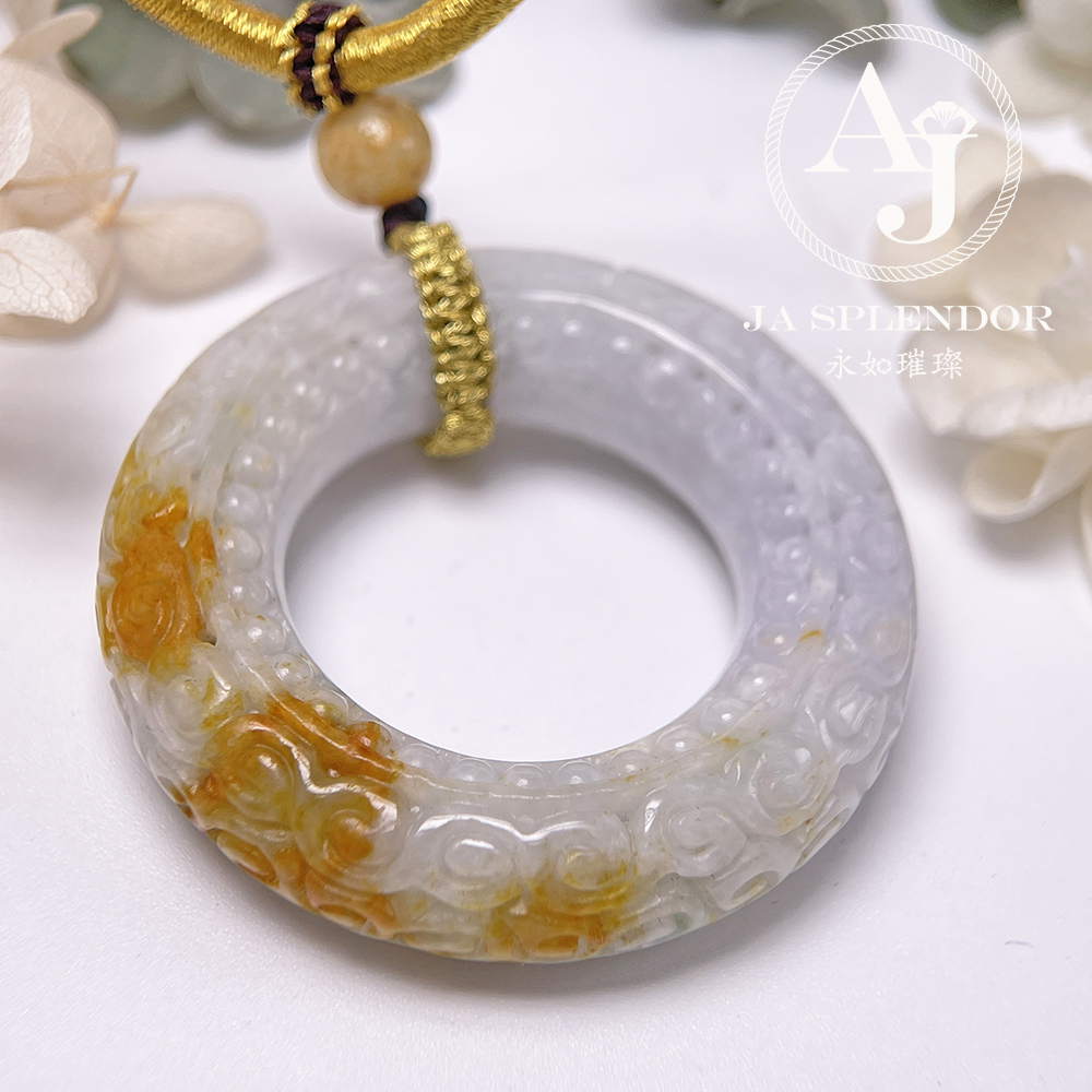 JN-3299 天然翡翠A玉 復古回紋順利招財黃翡精工雕刻糖環