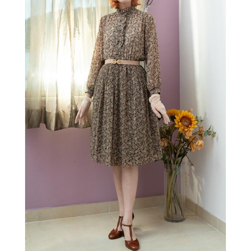 Vintage Japanese Joynana Autumn Floral Ruffle Trimmed Chiffon Dress / Long Sleeve Dress (MT1840-2)