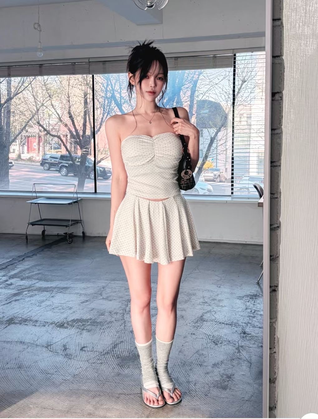 【 小胸女ATTENTION🕶️🔥 | 甜辣感配大熱波點元素～🖤心形領皺褶連PAD背心⋆˚ʚɞ】 Dot Dot Heart-neck Tube Bra Top(四色入)