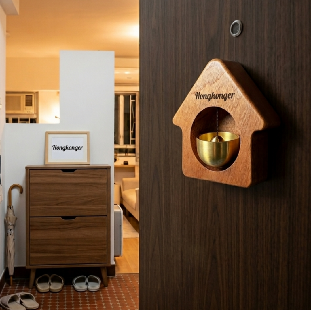 【專屬刻字】Hongkonger 木製Home黃銅門鈴 - 背面磁鐵（附送無痕3M膠）