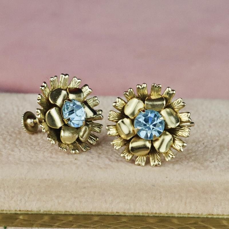 C.a. 1950s Coro Champagne Gold Tone Aqua Rhinestone Two Layered Floral Earrings /Screw-back Earrings (MT1447-10)