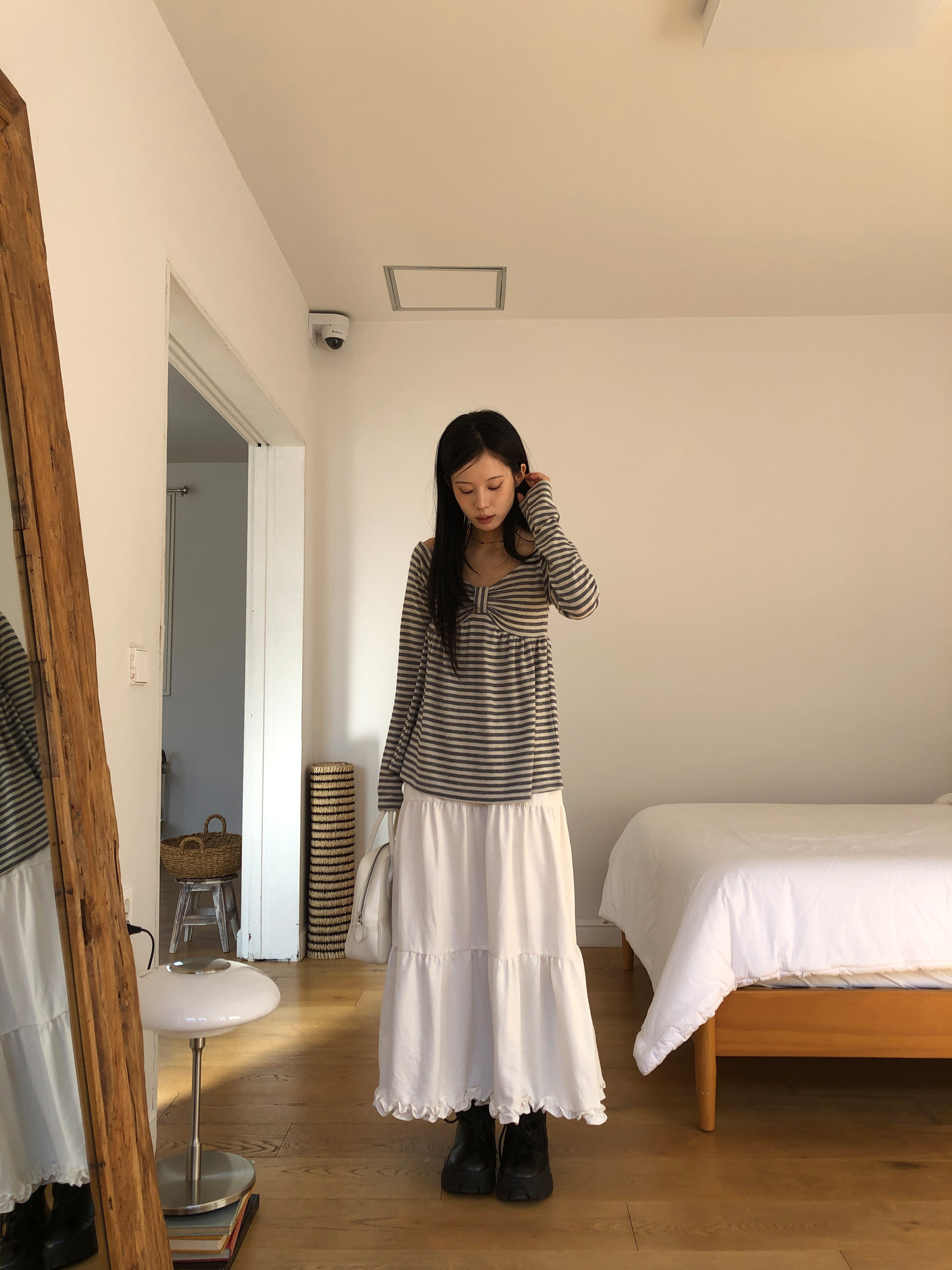 Striped Bow Ruched Long Sleeve