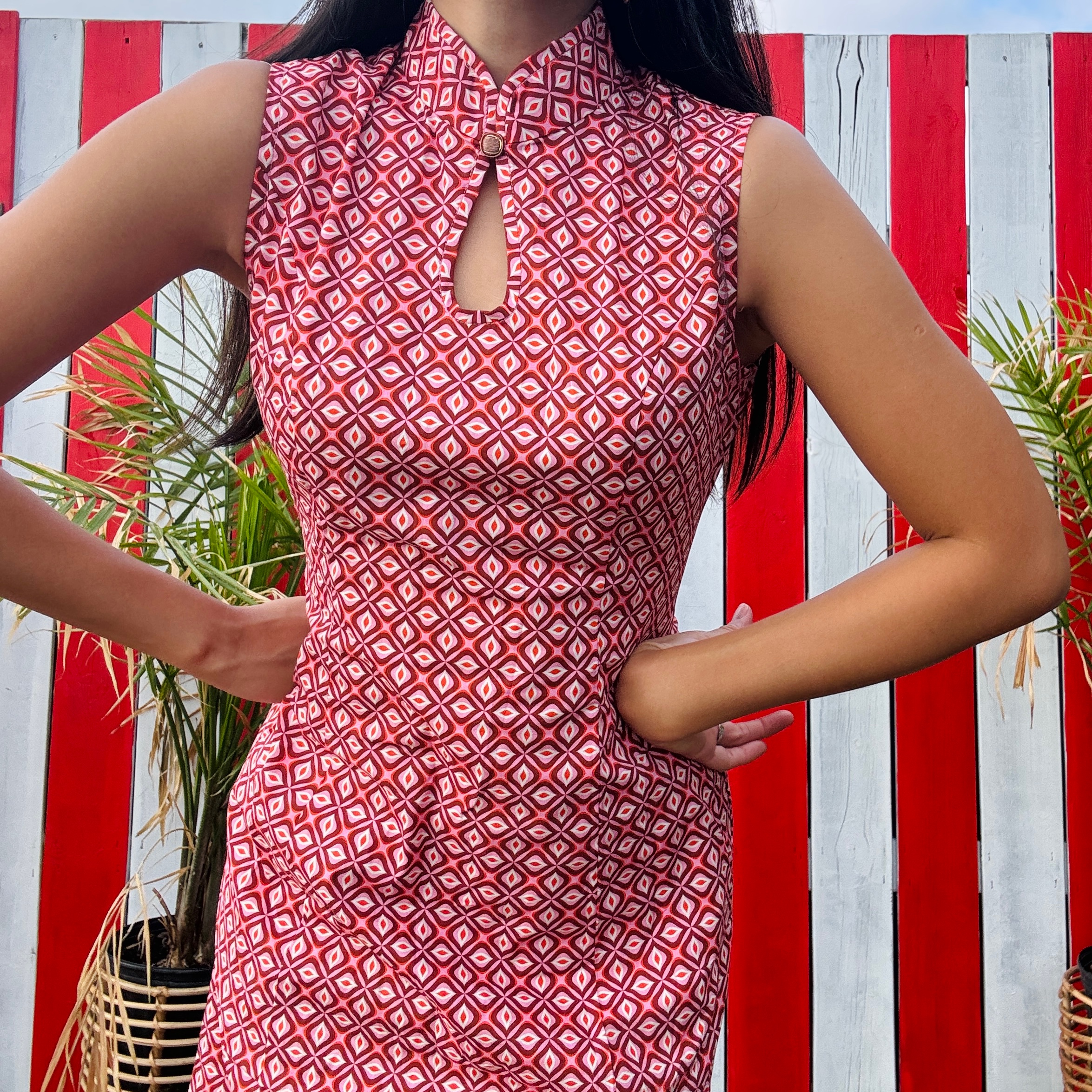 (Ready-made)100% Organic Cotton 60s Style Red Violet Vintage Pattern Mandarin Collar Shift Dress(FM166)