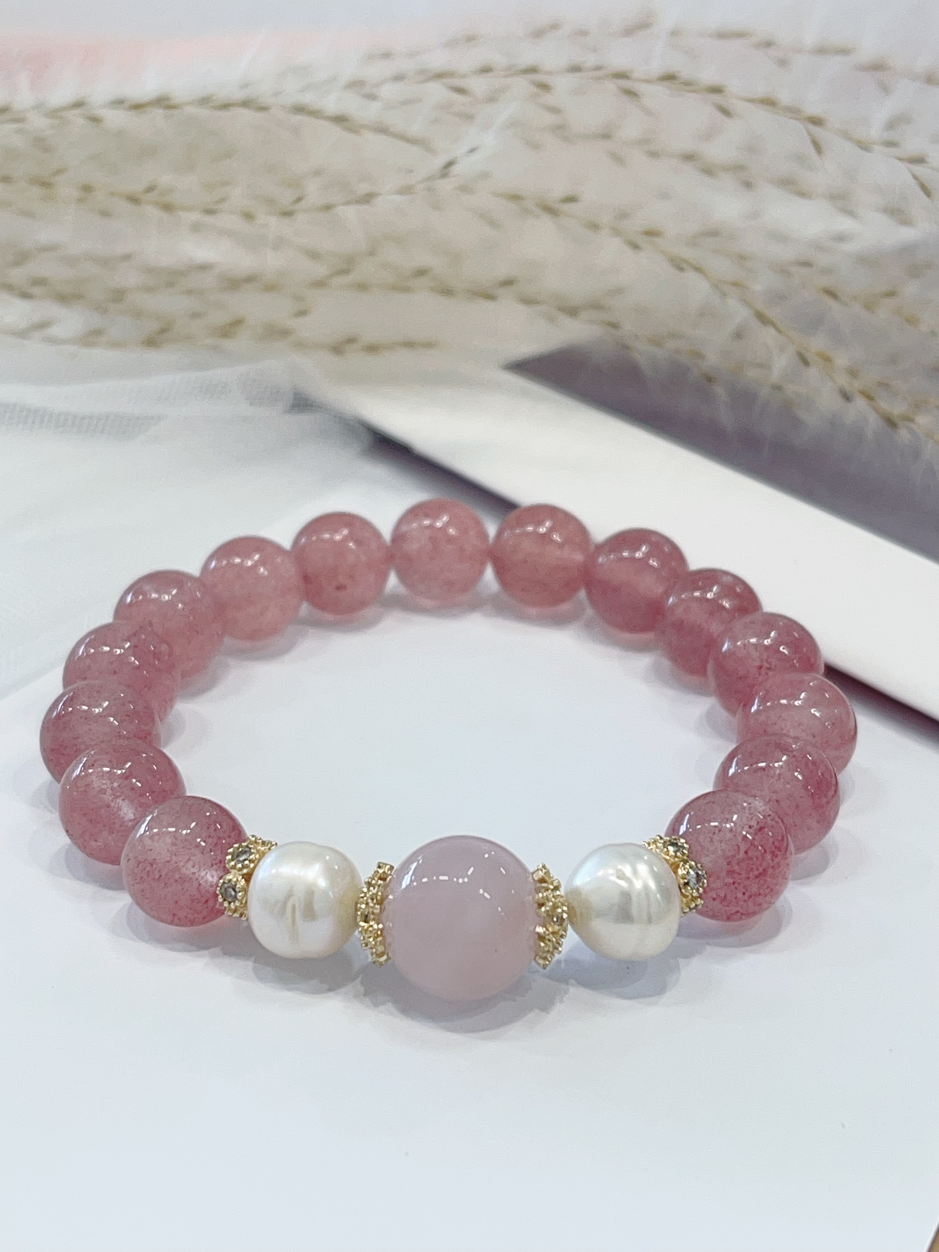 🍓 草莓晶 × 粉水晶设计款手串 Strawberry Quartz & Rose Quartz｜10mm