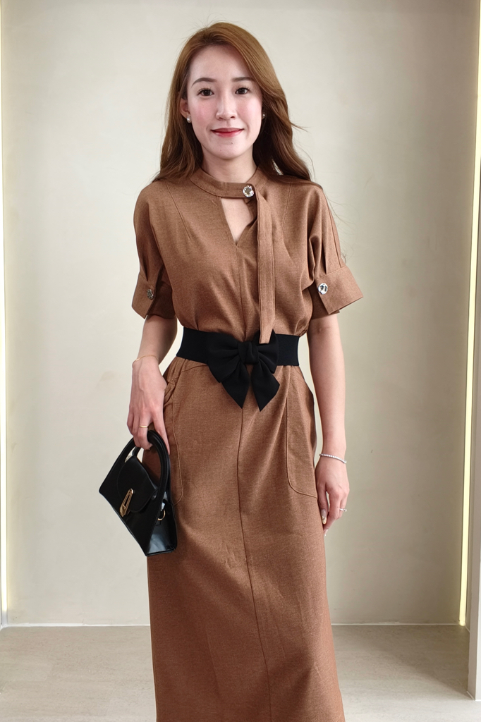 E8274BD Belted Mandarin Collar Dress