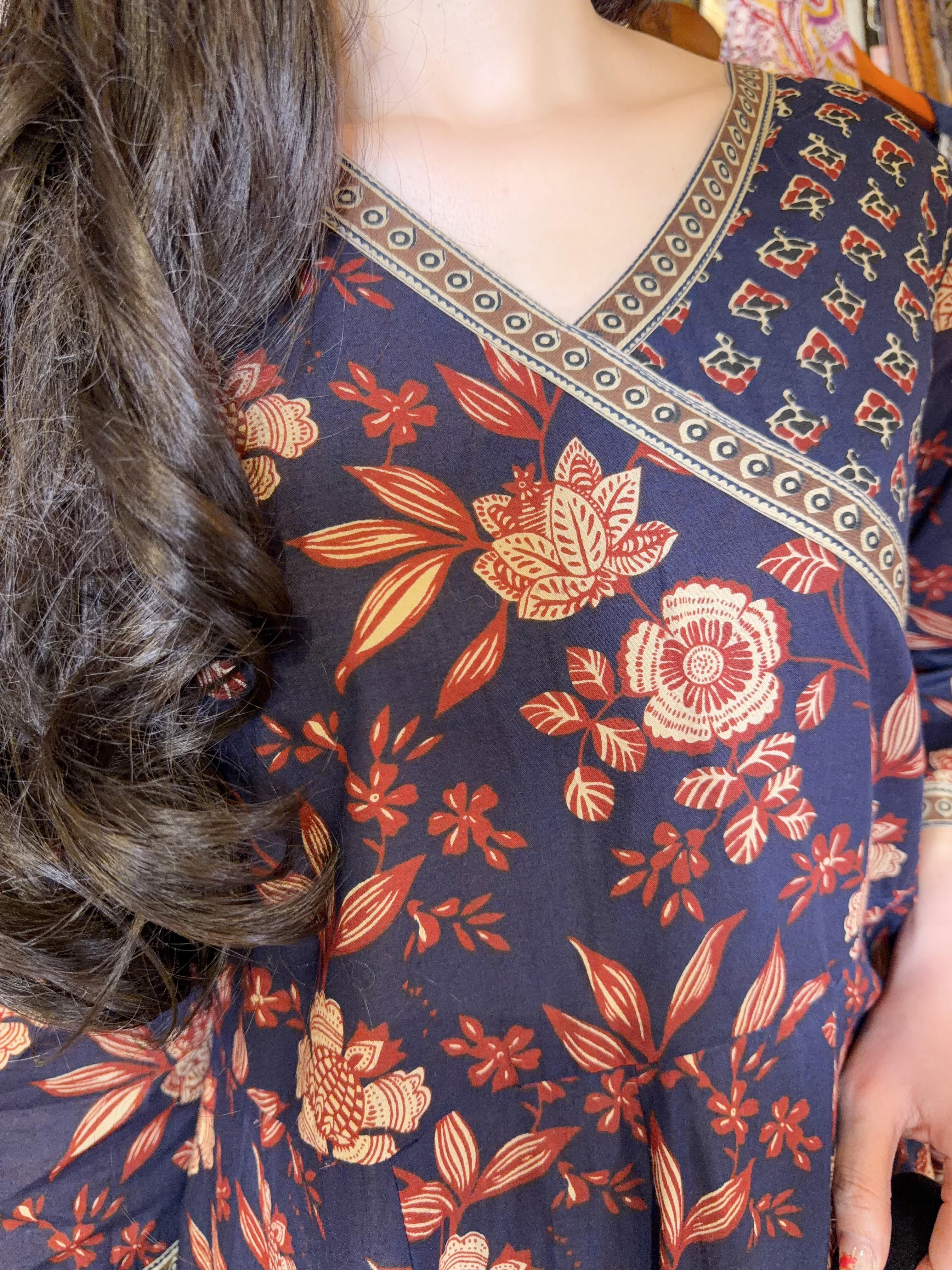 Dark Blue Overlap JP Collar Brown Floral OP 51"  #1377