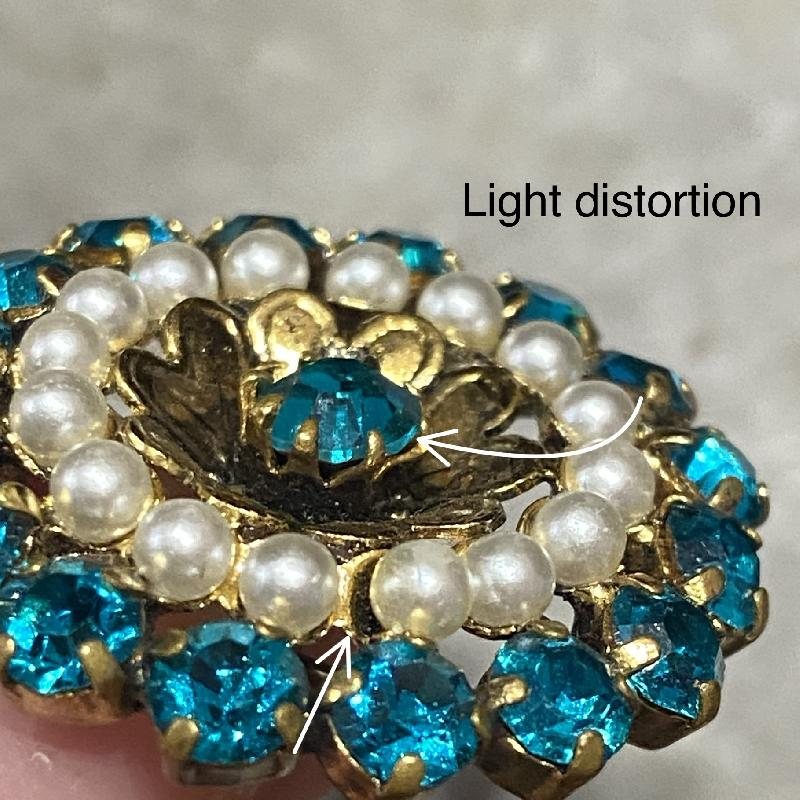 Vintage C.a. 1960s European Three Layered Aqua Blue Rhinestone and Faux Pearl Collar Brooch (MW052)