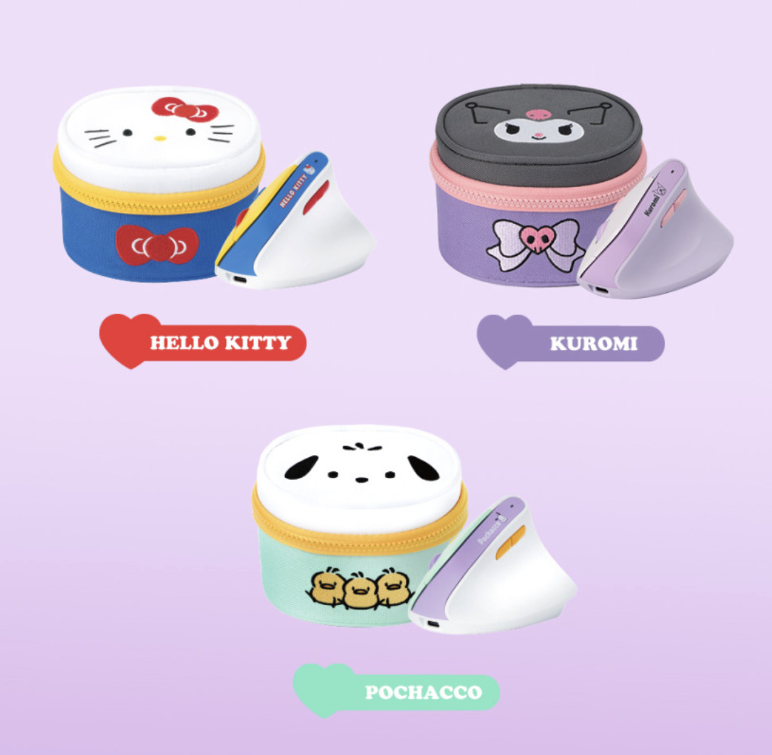 韓國 ROYCHE X Sanrio 人體工學 直立式無線滑鼠 + 收納袋 套裝｜Hello Kitty / PC狗 / Kuromi  Comfortable Vertical Mose