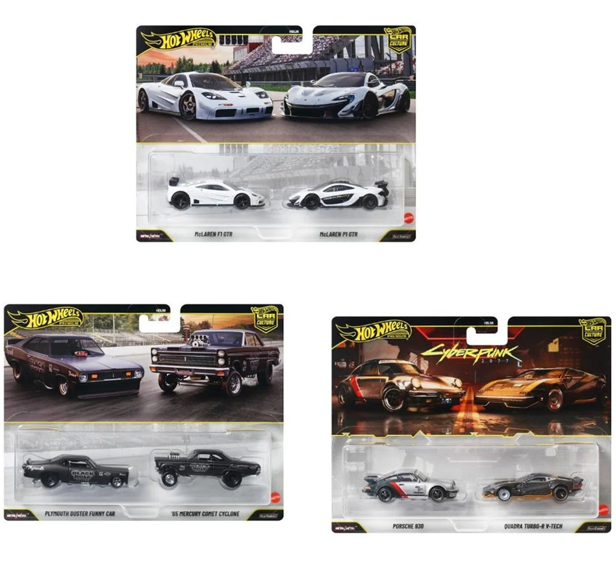【預訂】Hot Wheels Premium 1/64 Car Culture 2-Pack｜McLaren F1 GTR & McLaren P1 GTR ｜ Plymouth Duster Funny Car & '65 Mercury Comet Cyclone｜Porsche 930 & Quadra Turbo-R V-Tech ｜【日版】