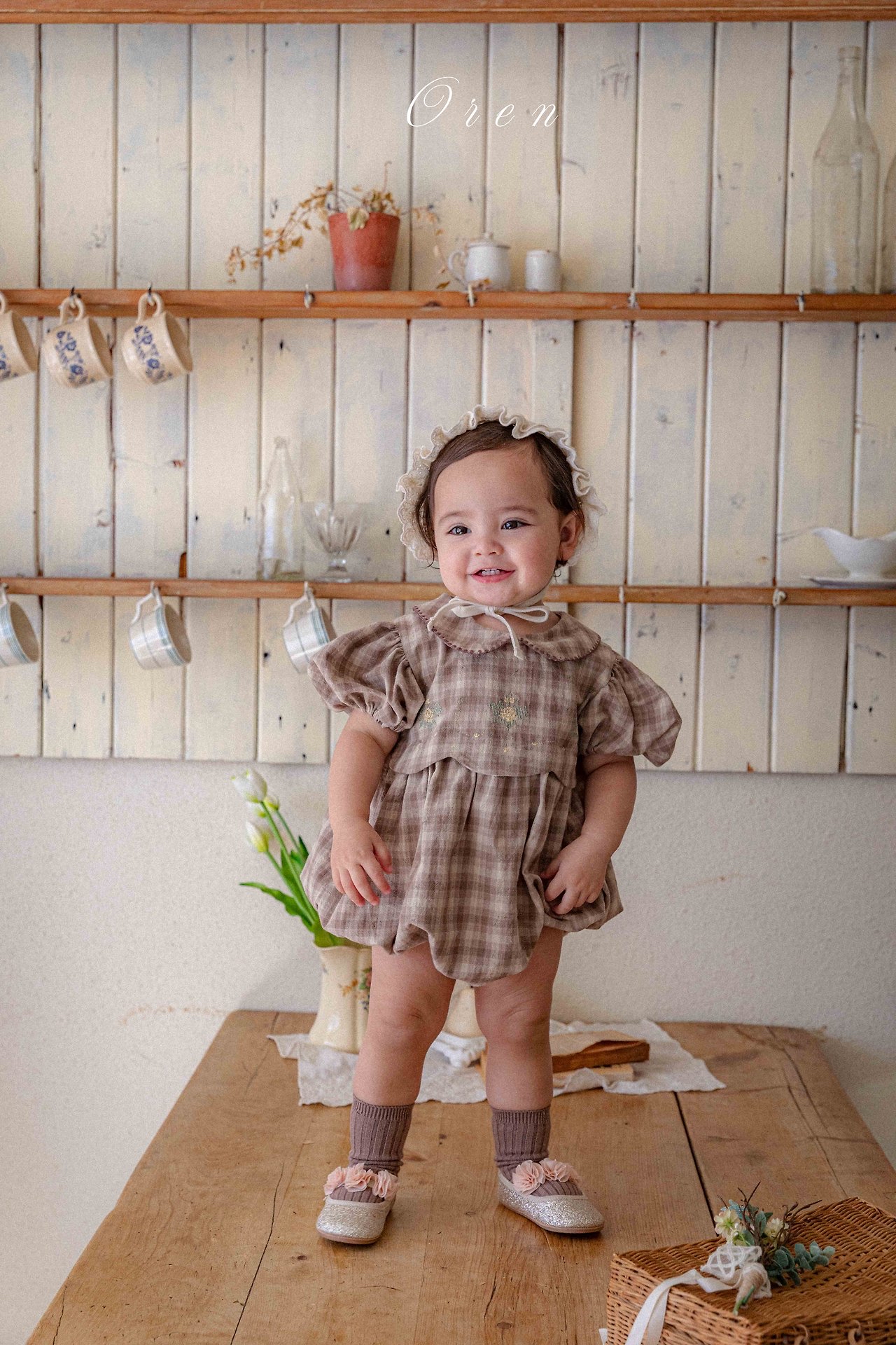 ☀️預訂 韓國直送☀️🇰🇷Oren Toua刺繡格紋泡泡袖包屁衣/連身裙