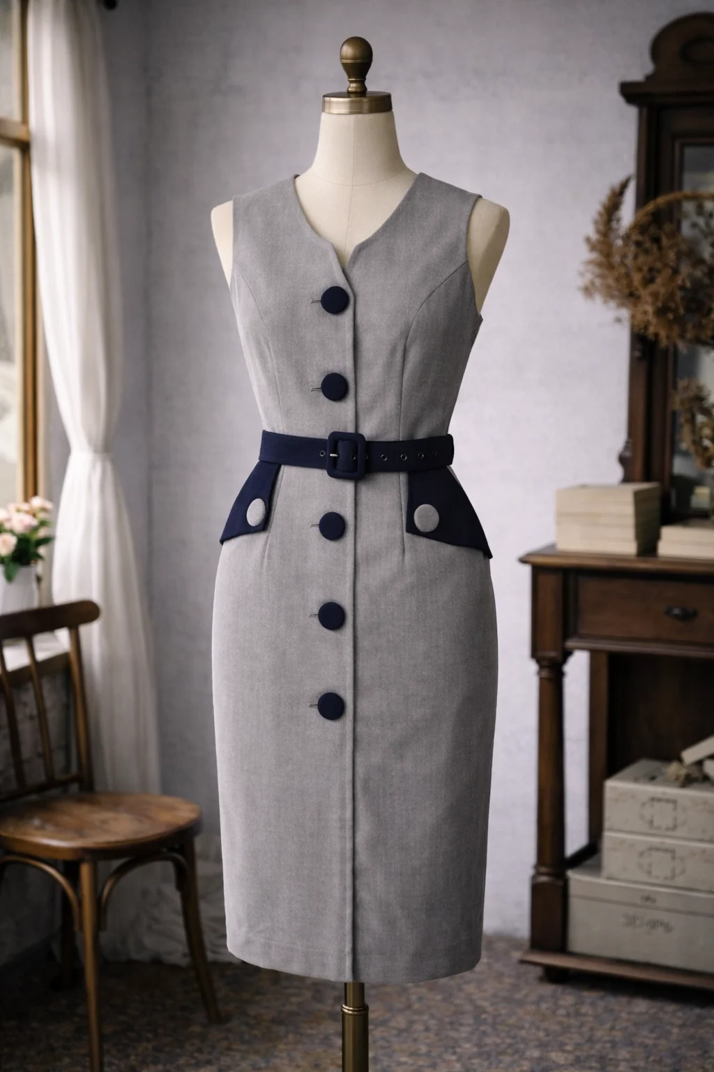 Madison Avenue Elegance  – 1950s Tailored Two-Tone Pencil Dress (FM227)