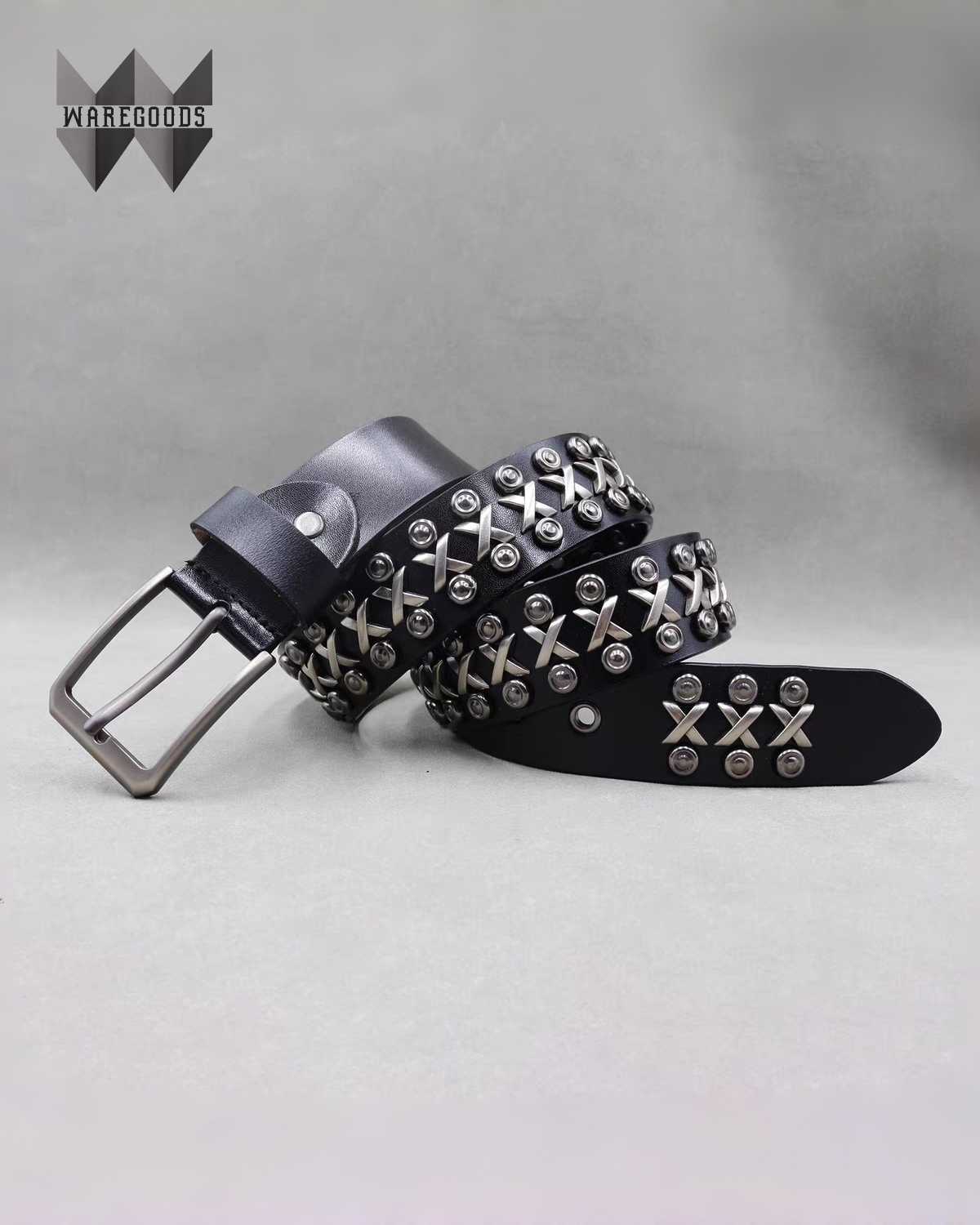 W011復古鍋釘二層牛皮皮帶