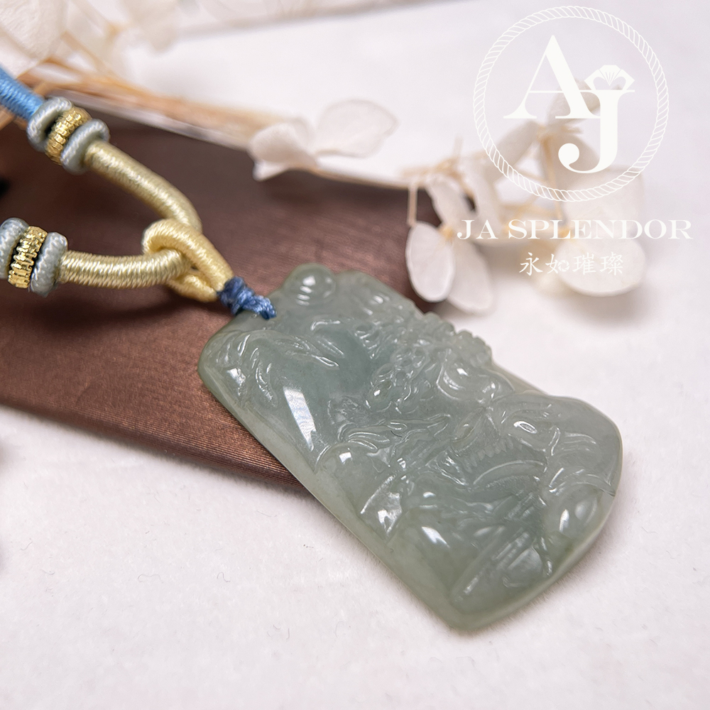 JN-1094 天然翡翠A玉 老料膠潤旺丁旺財山水牌吊墜