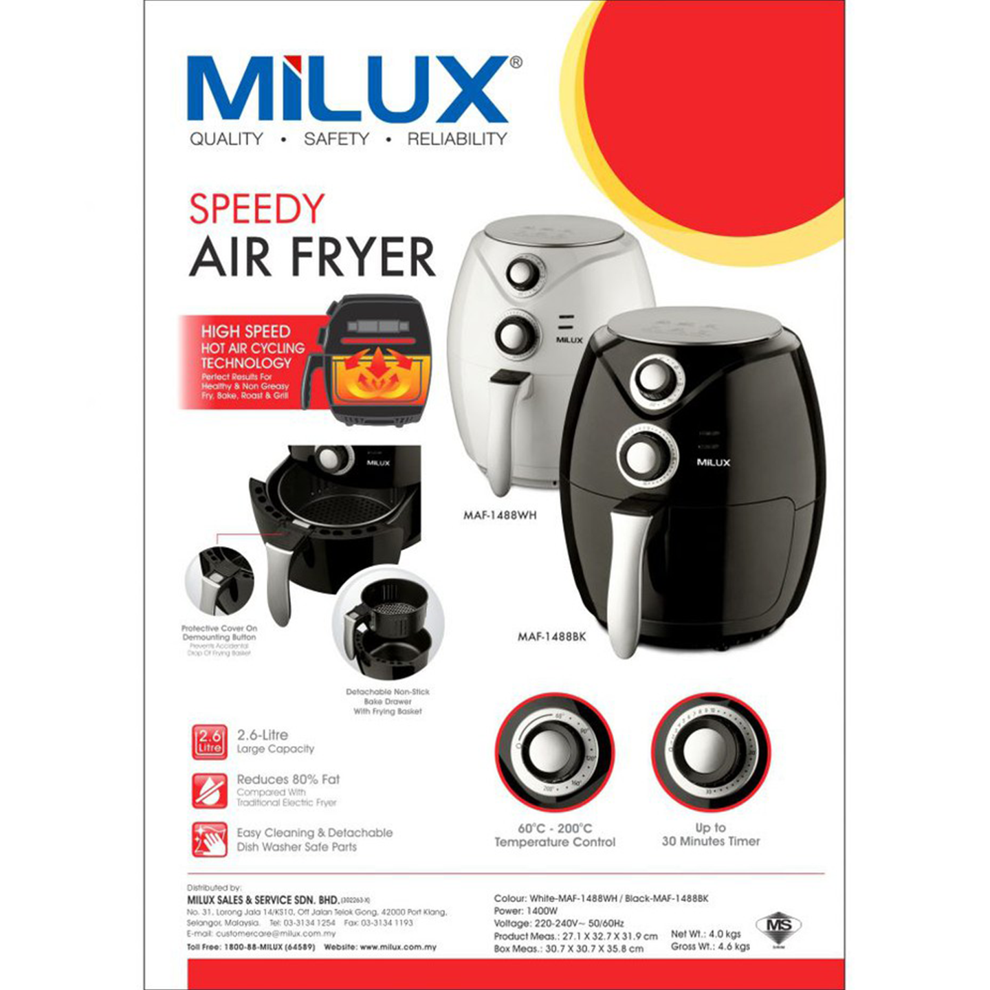 Milux 2.6L 1400W Speedy Air Fryer (MAF-1488BK)